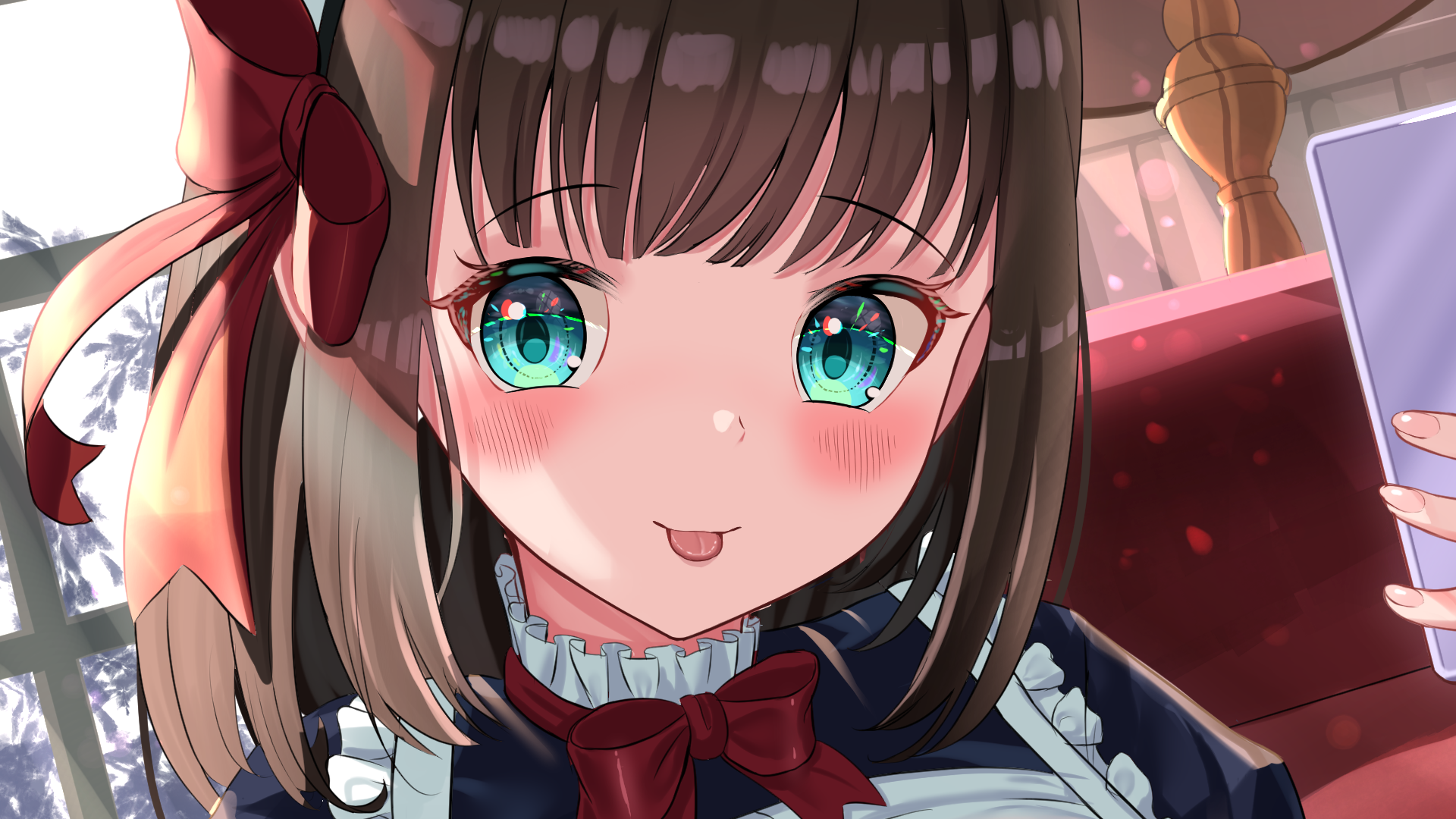 Girl in Maid Outfit with Red Bow HD Wallpaper