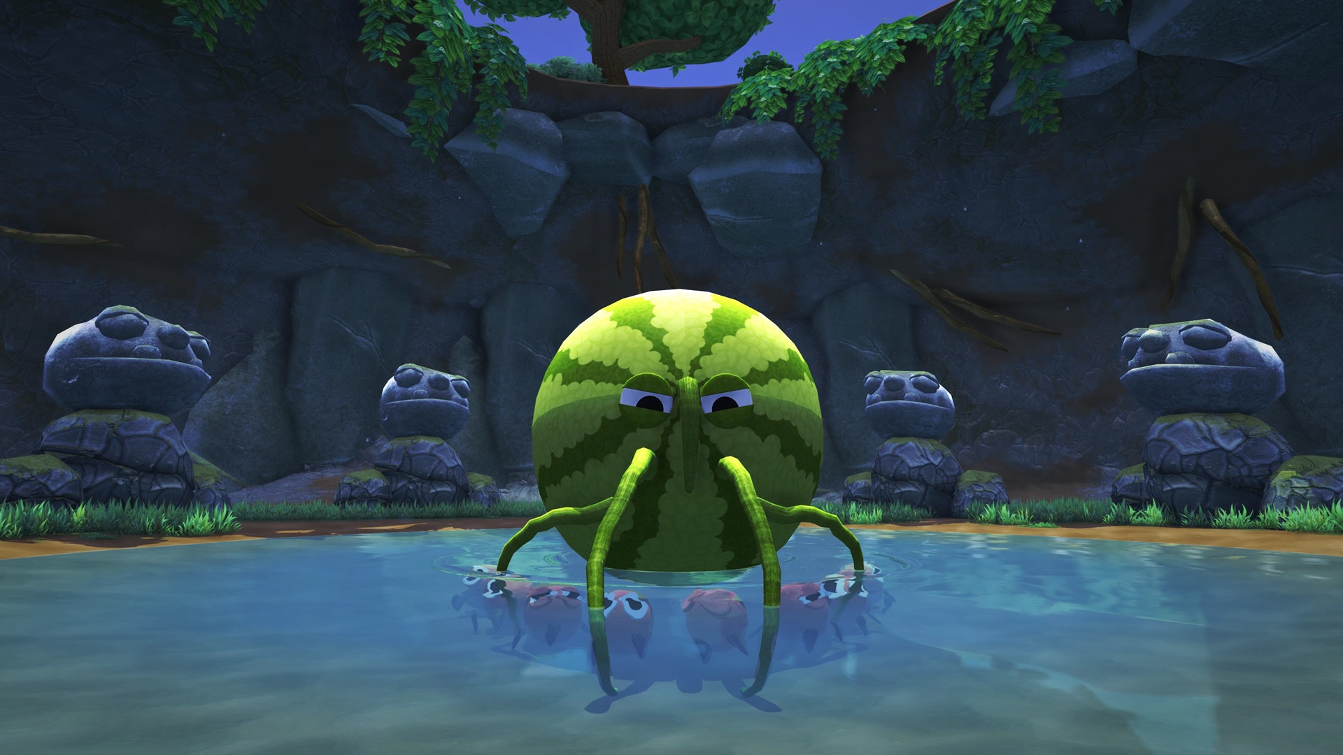 Bugsnax: Watermelon Bugsnak in a pond with frog statues HD Wallpaper