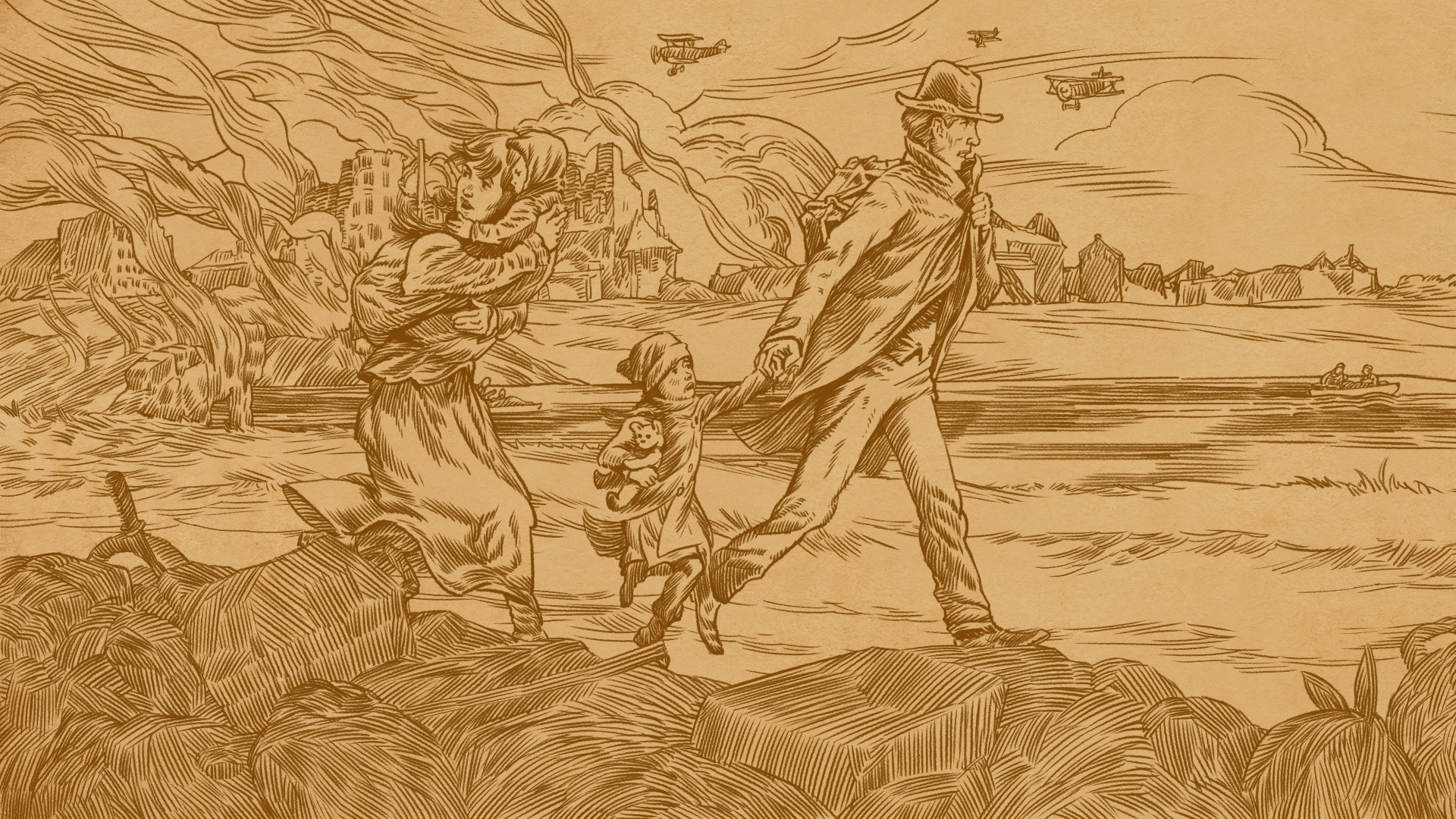 Family fleeing burning city with biplanes overhead HD Wallpaper