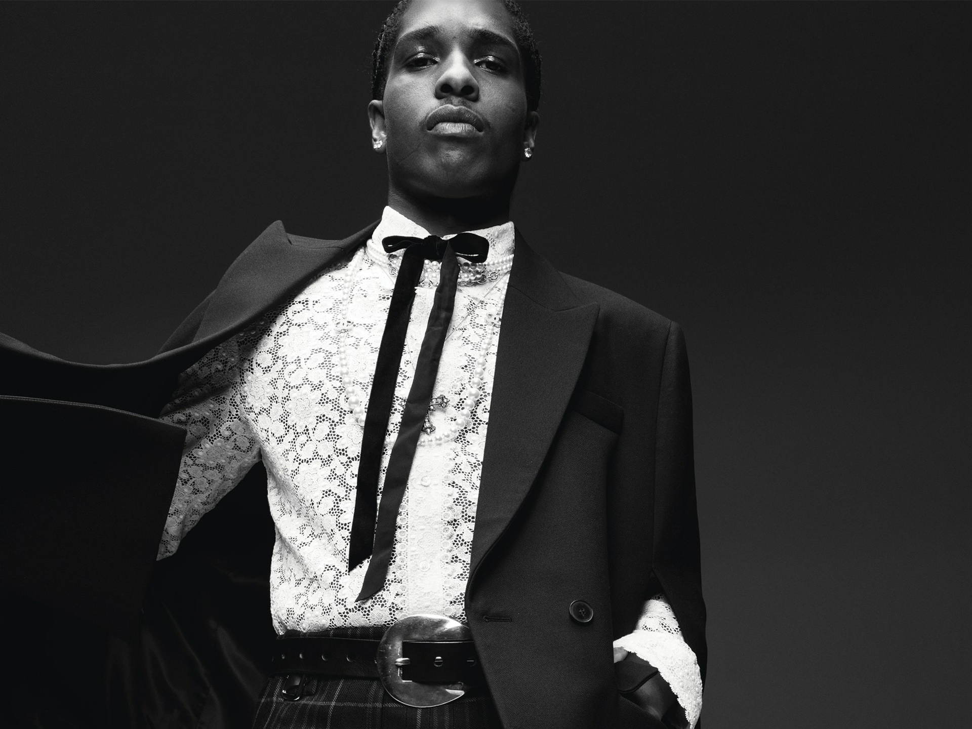 A$AP Rocky in a black suit and lace shirt HD Wallpaper