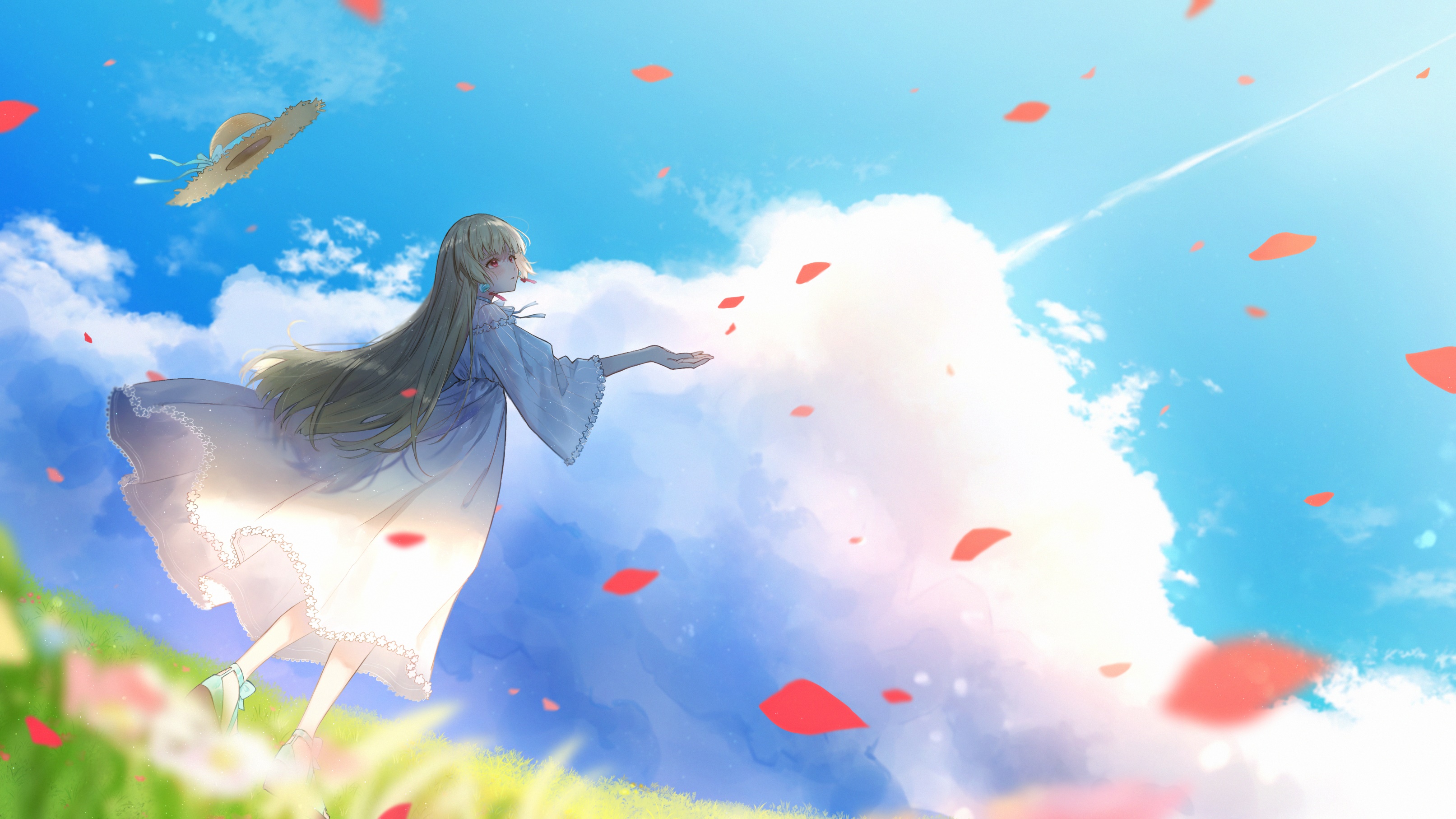 Girl in white dress with petals falling HD Wallpaper