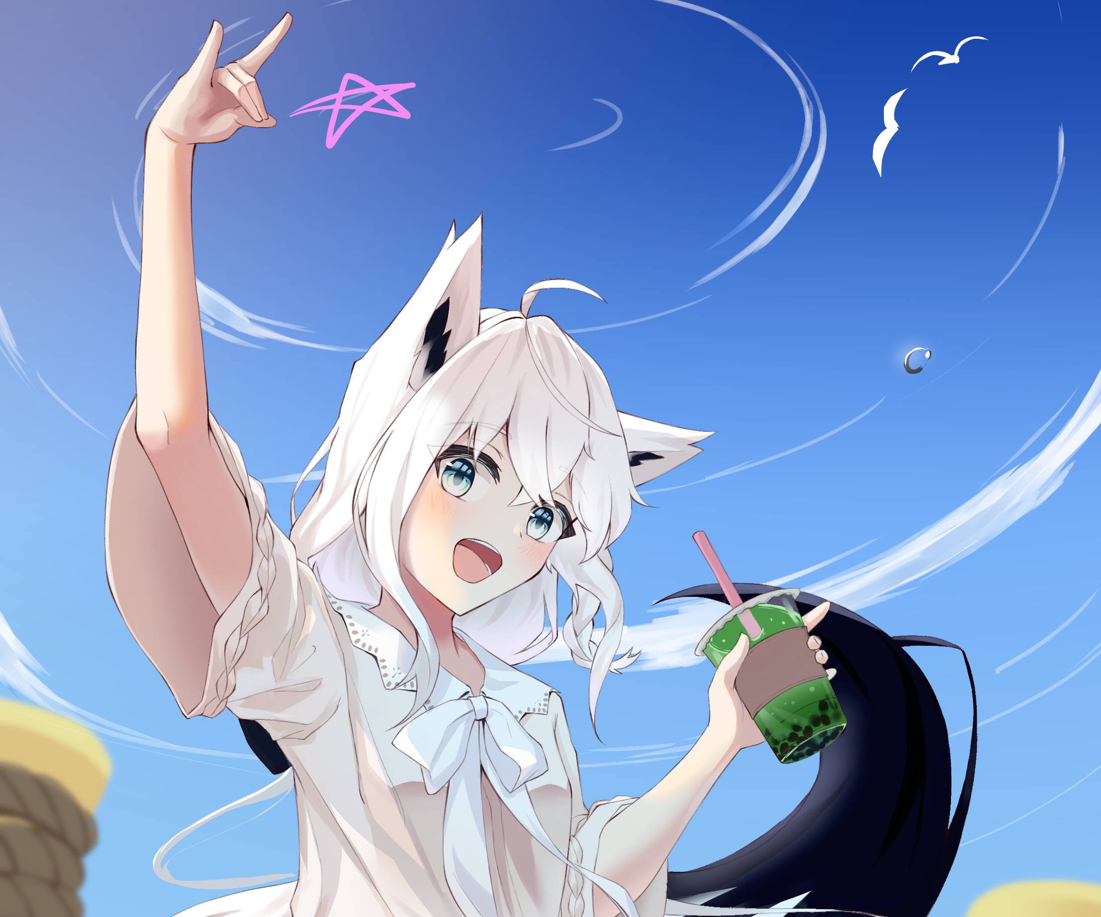 Shirakami Fubuki from Hololive with a drink HD Wallpaper
