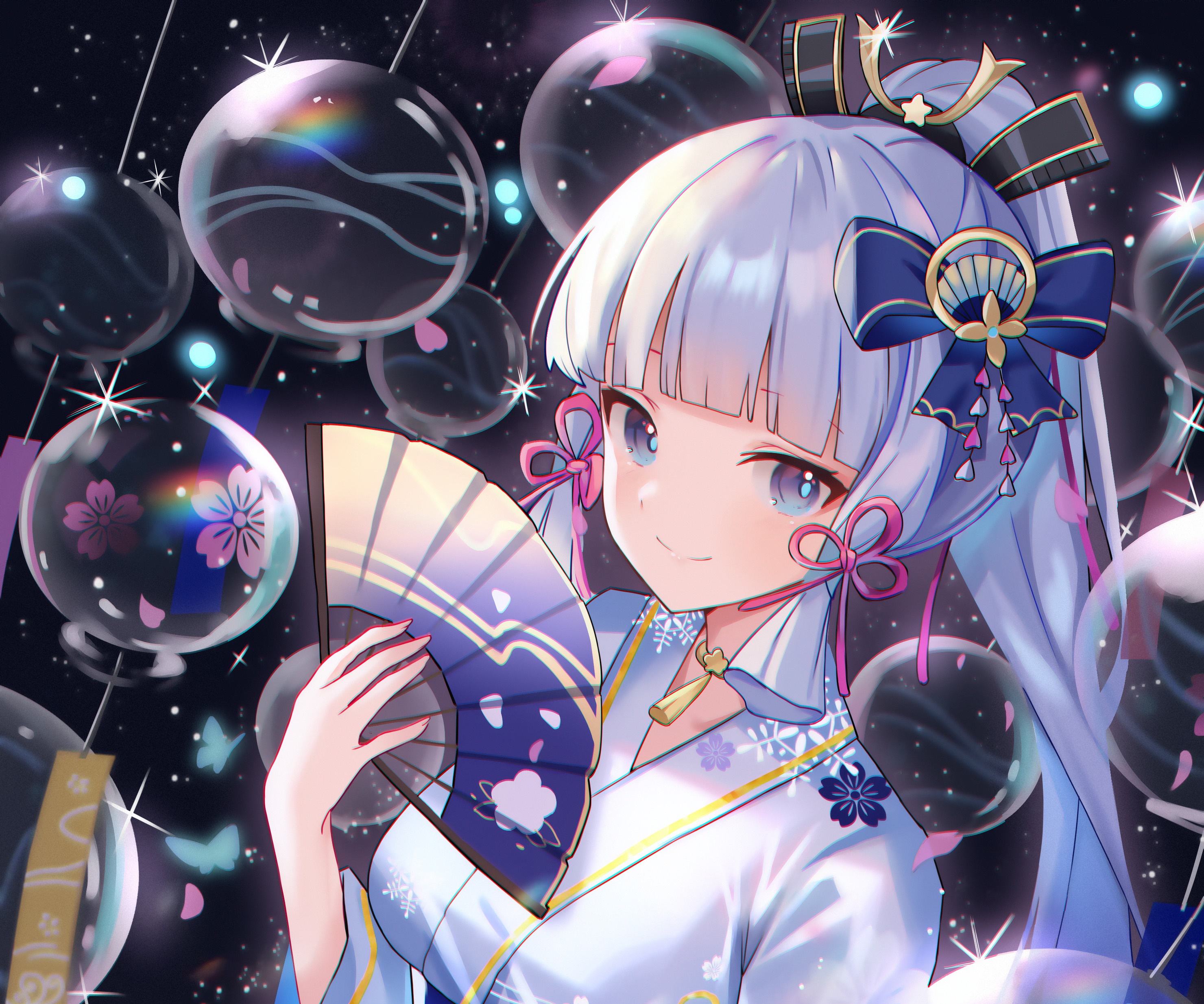 Kamisato Ayaka from Genshin Impact with a fan HD Wallpaper