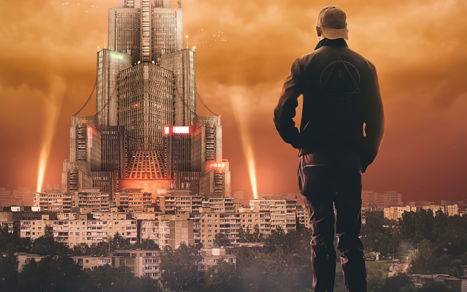 Man in cap looking at sci-fi building HD Wallpaper
