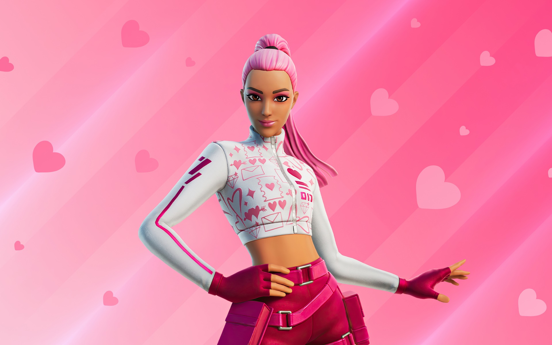 Fortnite Character with Pink Hair and Heart Pattern HD Wallpaper