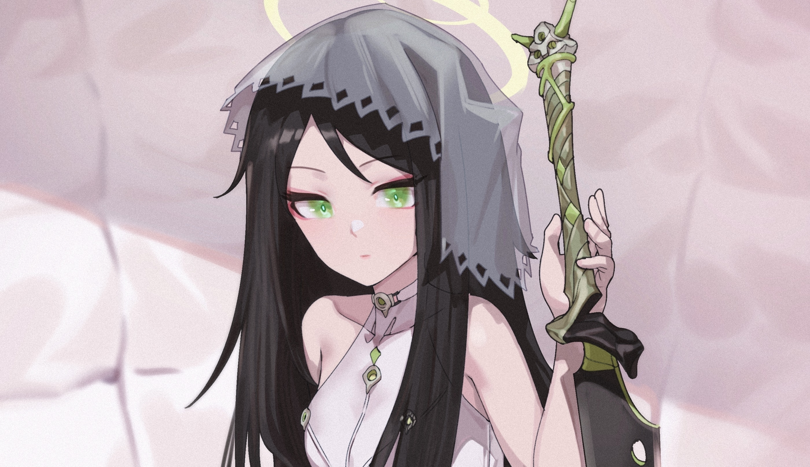 Girl with a halo and a staff HD Wallpaper