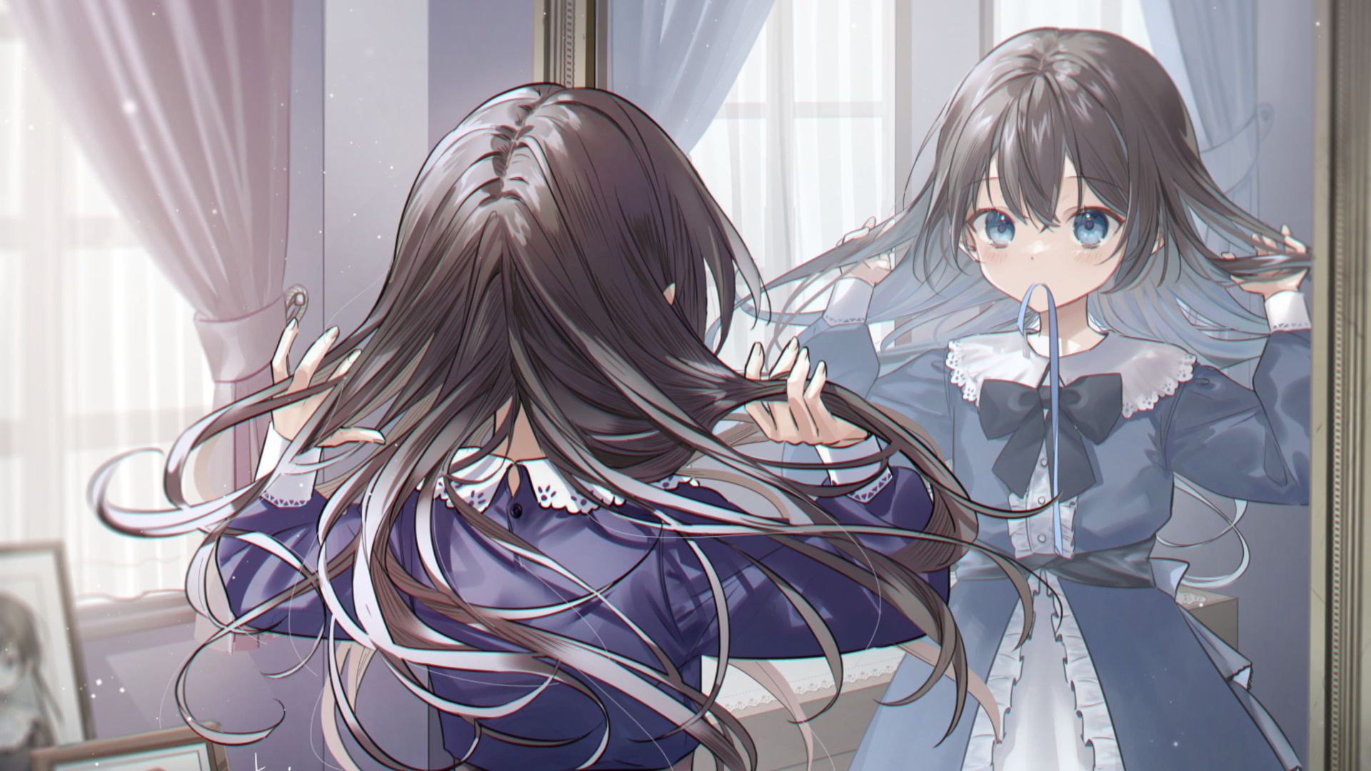 Girl looking in mirror HD Wallpaper