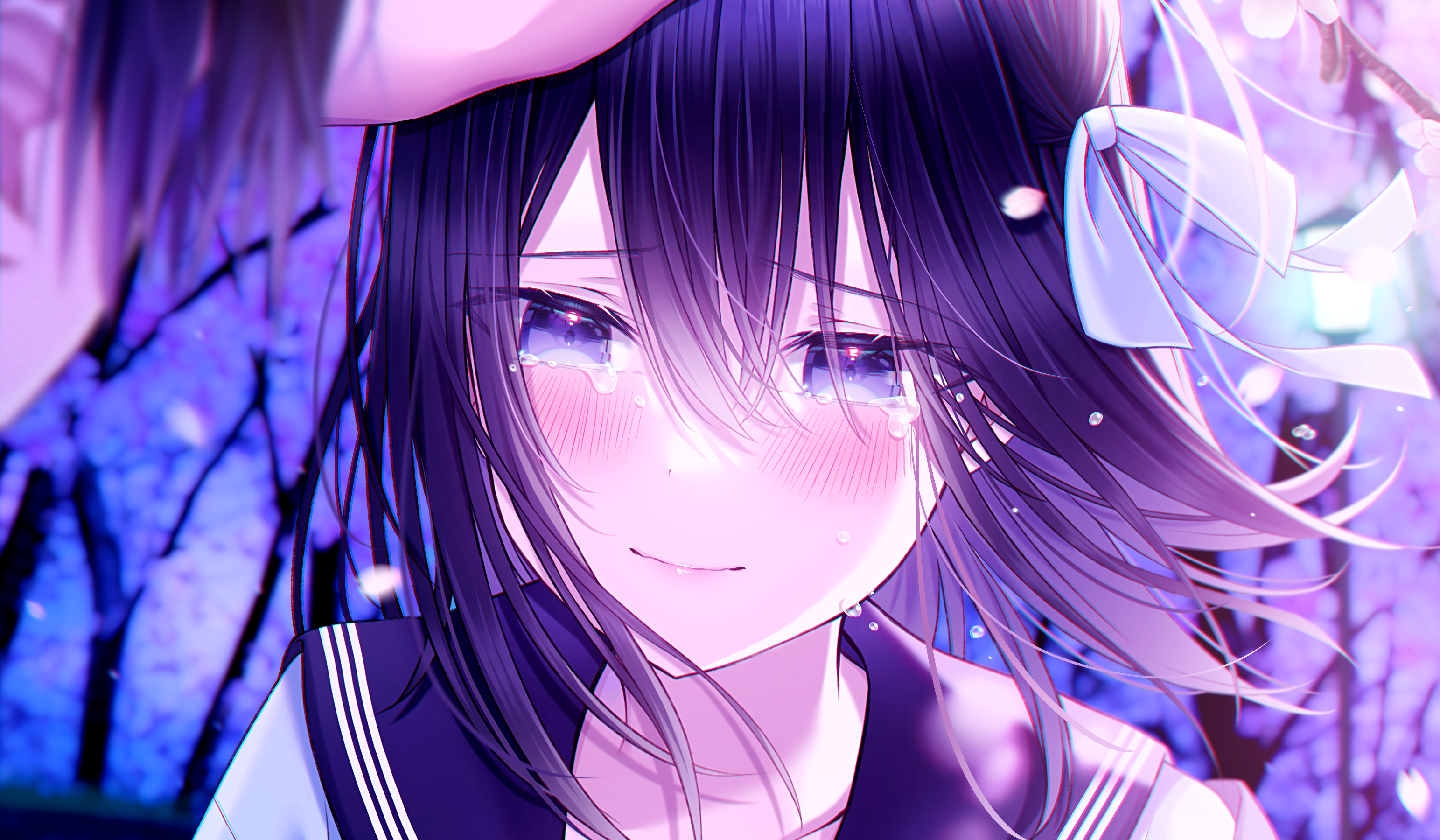 Crying anime girl with purple hair HD Wallpaper
