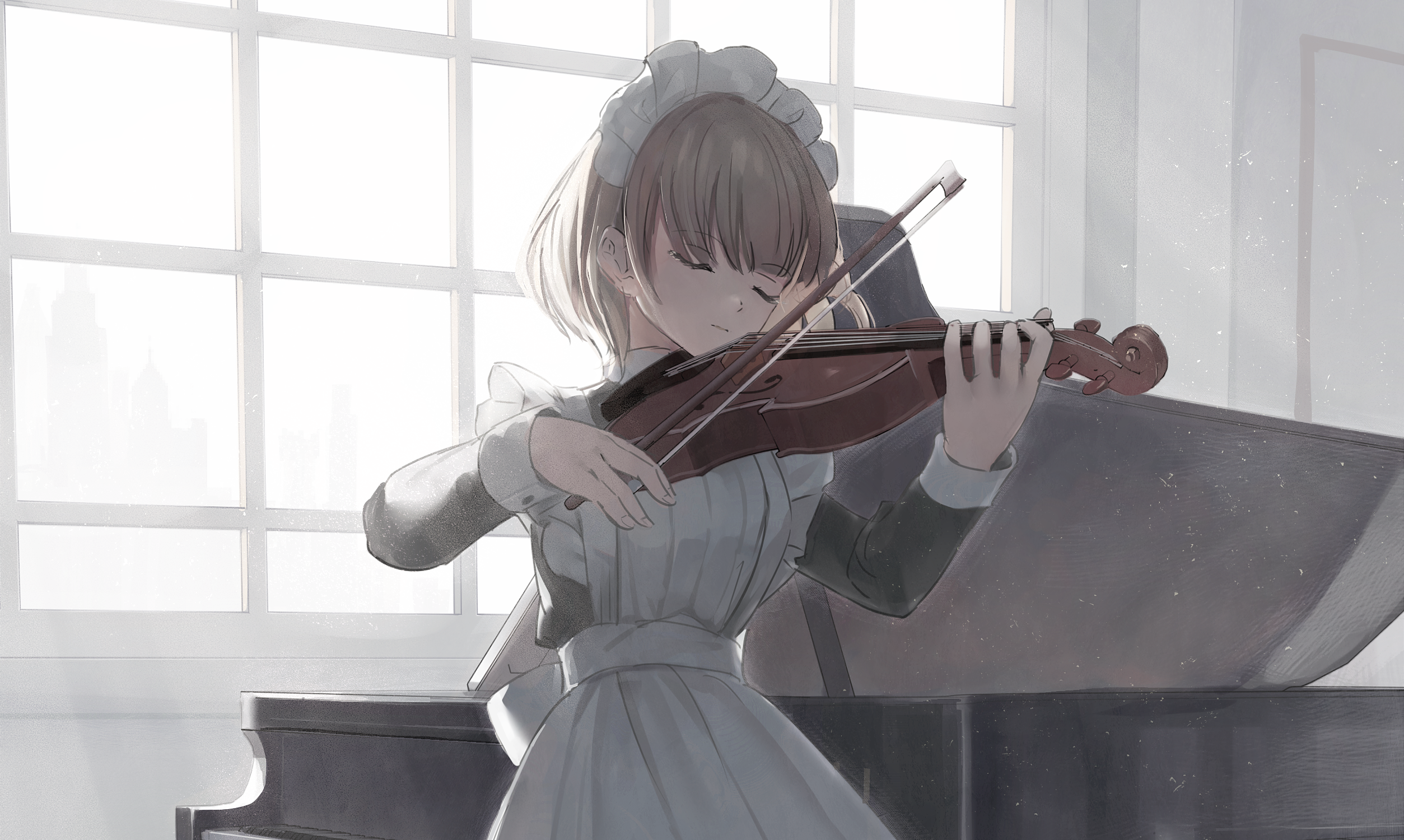 Girl playing violin in front of a window HD Wallpaper
