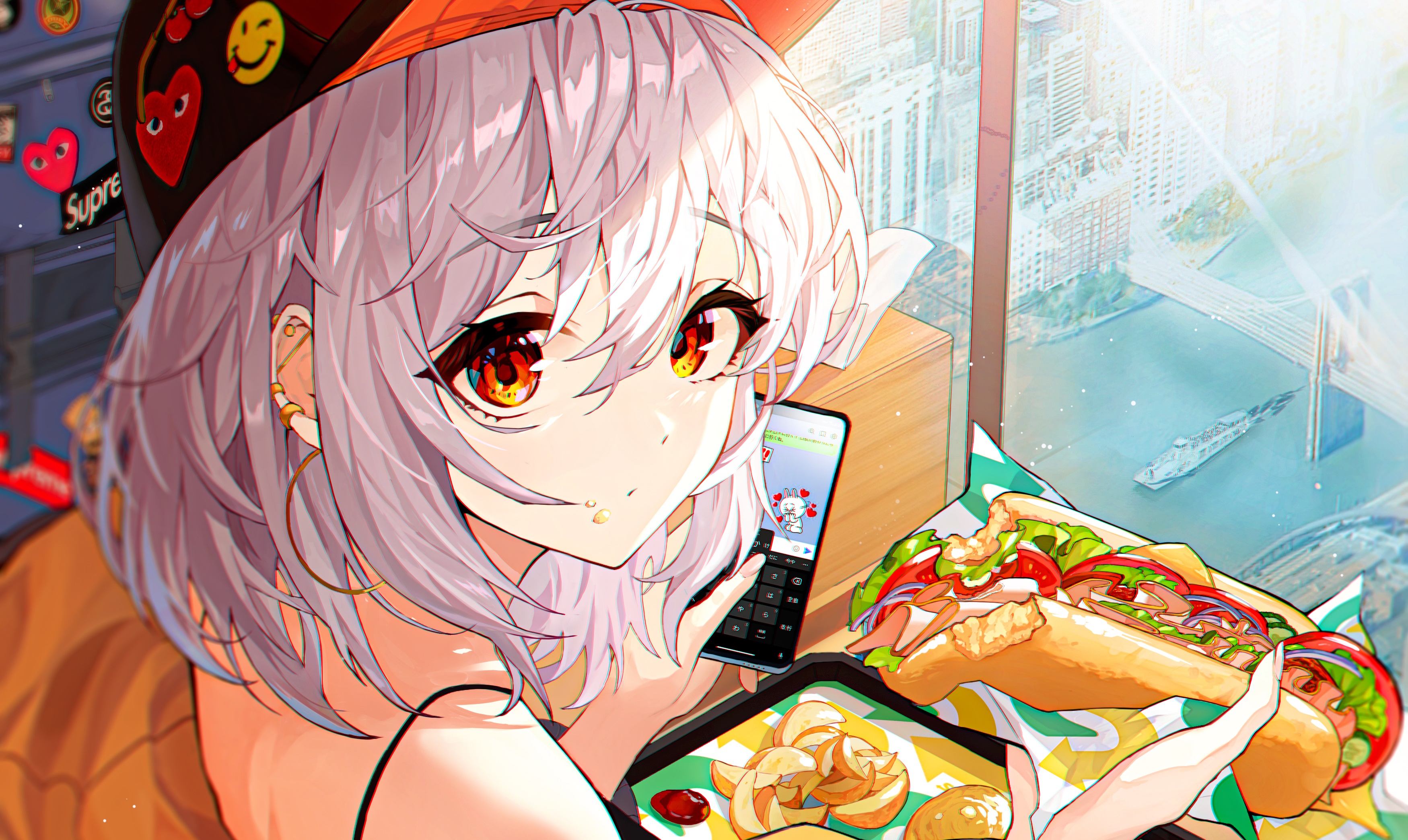 Anime girl with pink hair eating a sandwich HD Wallpaper