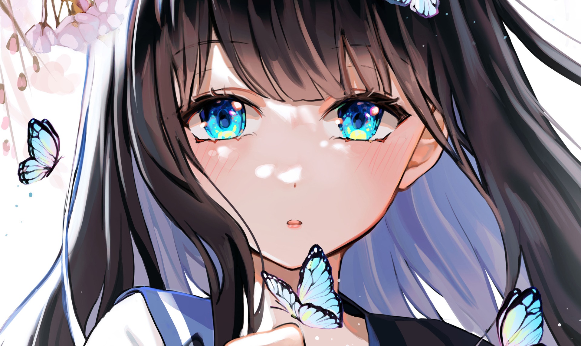 Anime girl with blue eyes and butterflies HD Wallpaper