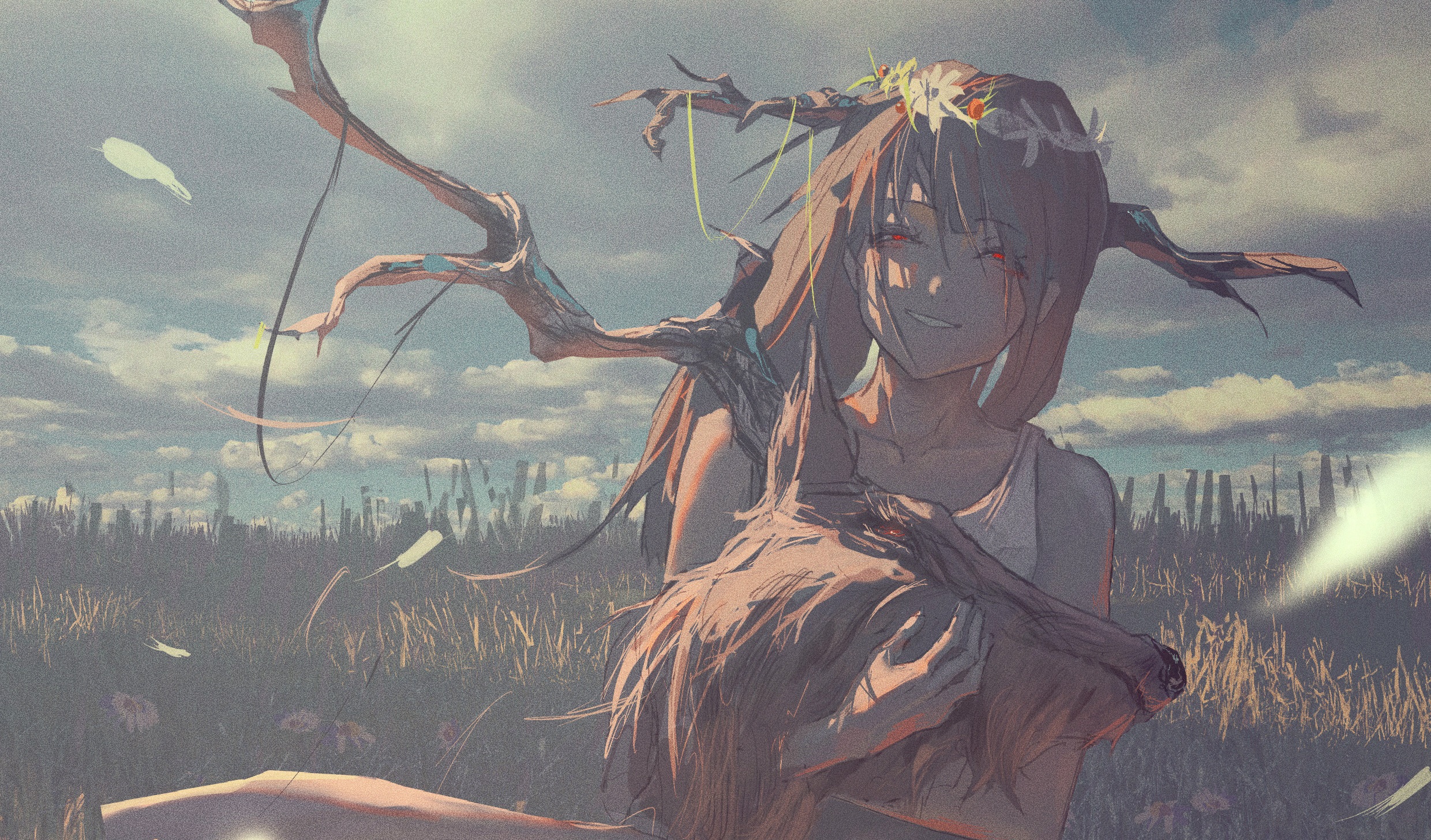 Girl with tree branches in a field HD Wallpaper