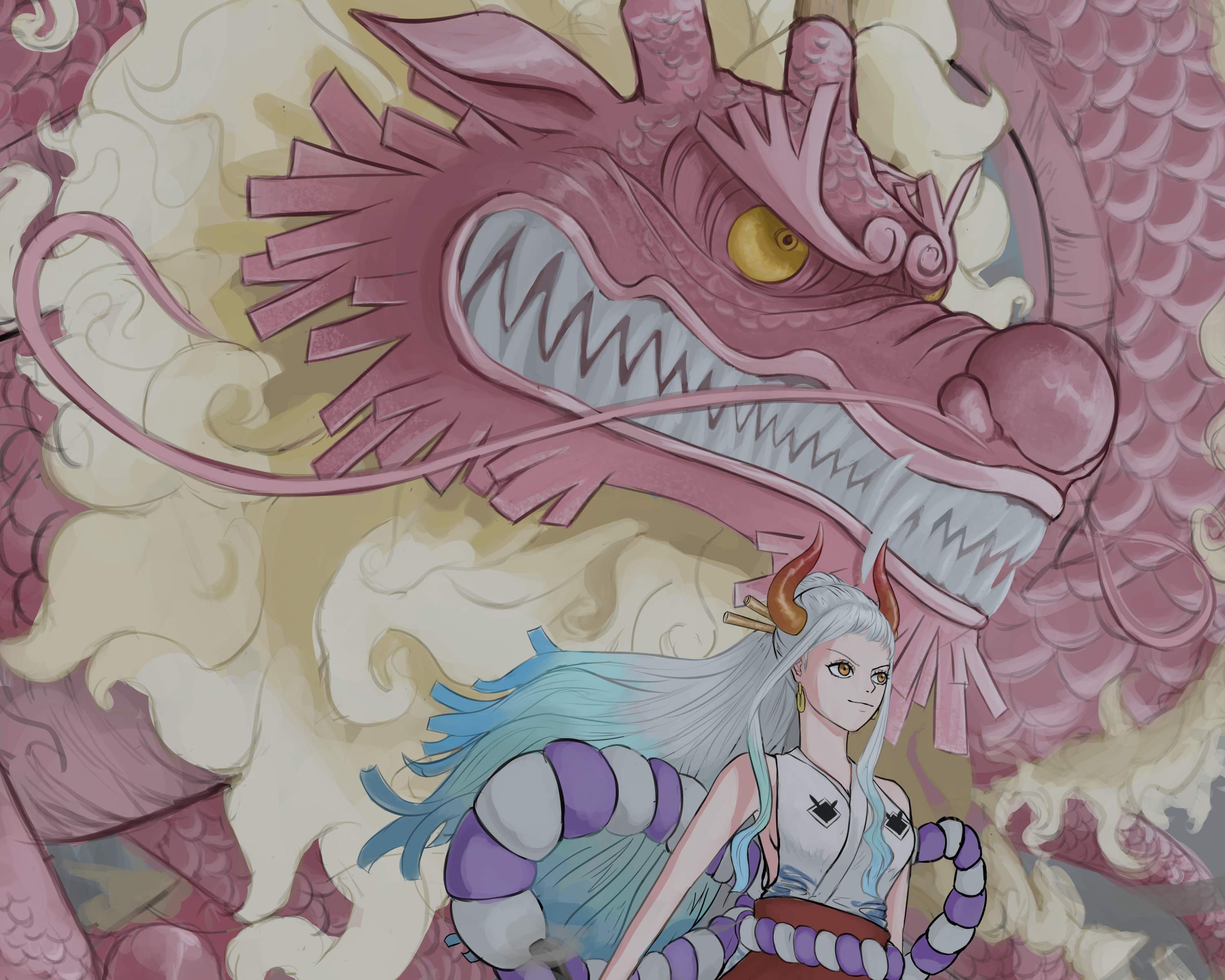 Yamato and a Pink Dragon from One Piece HD Wallpaper