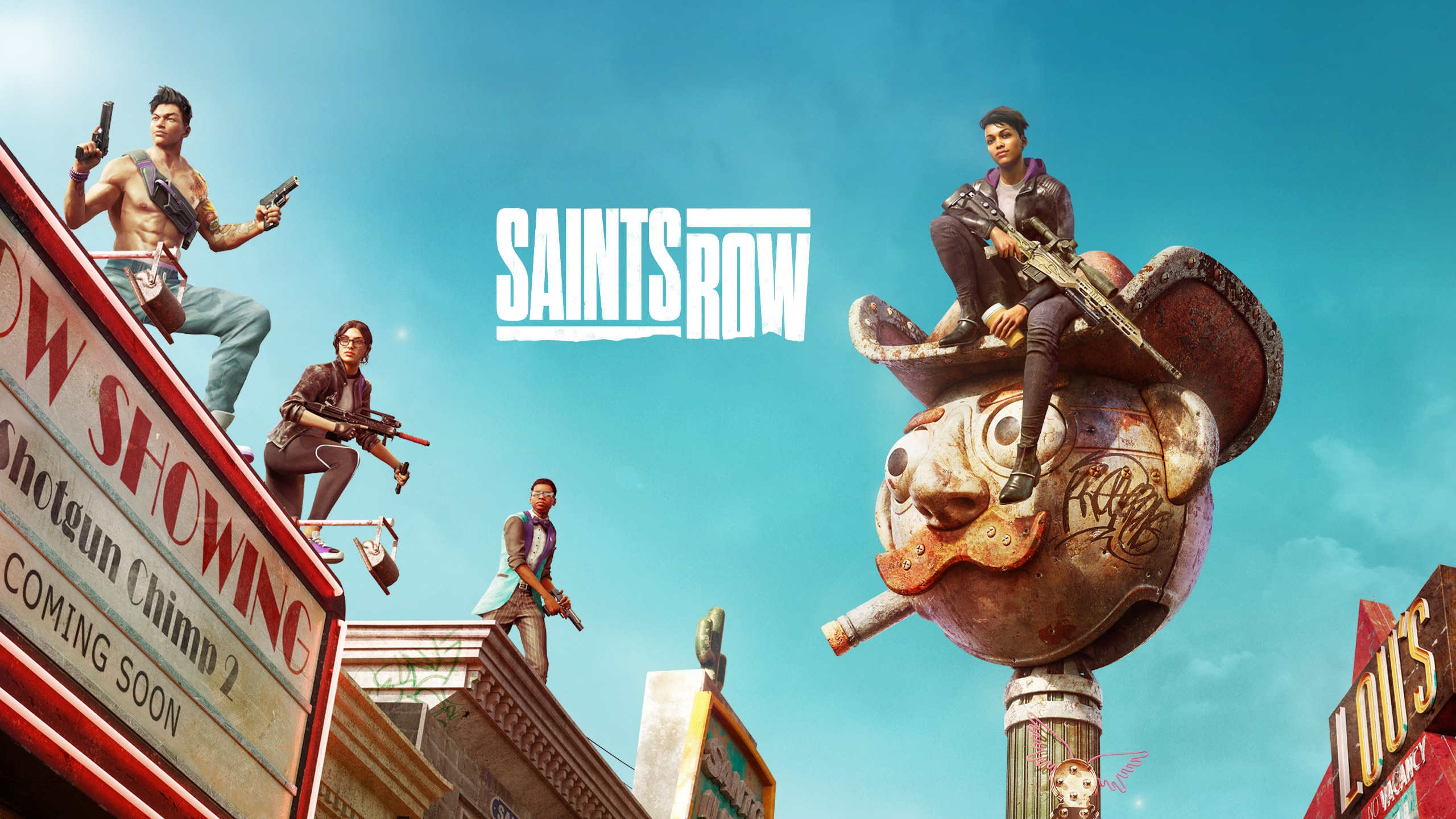 Saints Row characters on a rooftop with a giant mouse statue HD Wallpaper