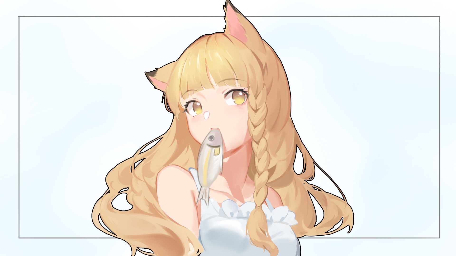 Anime girl with cat ears eating a fish HD Wallpaper