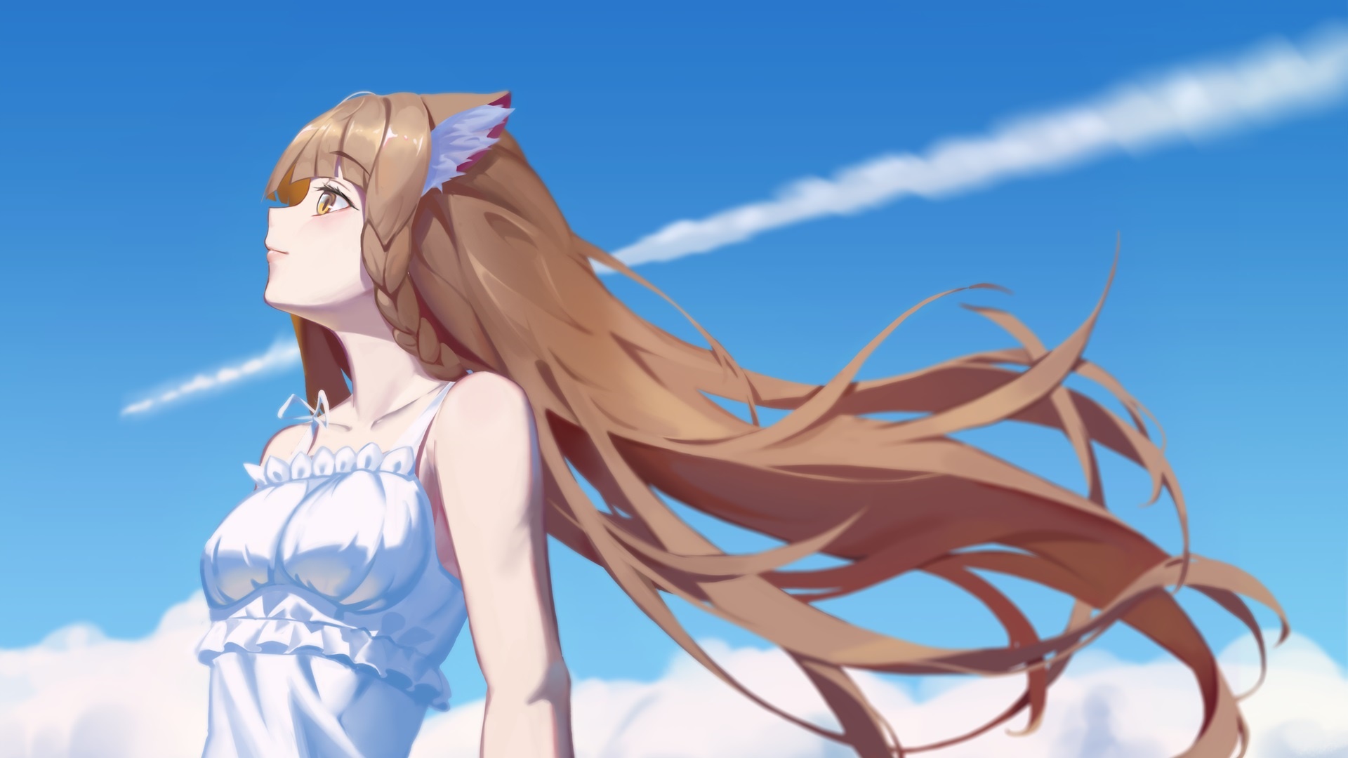 Anime girl with long brown hair in white dress under blue sky HD Wallpaper