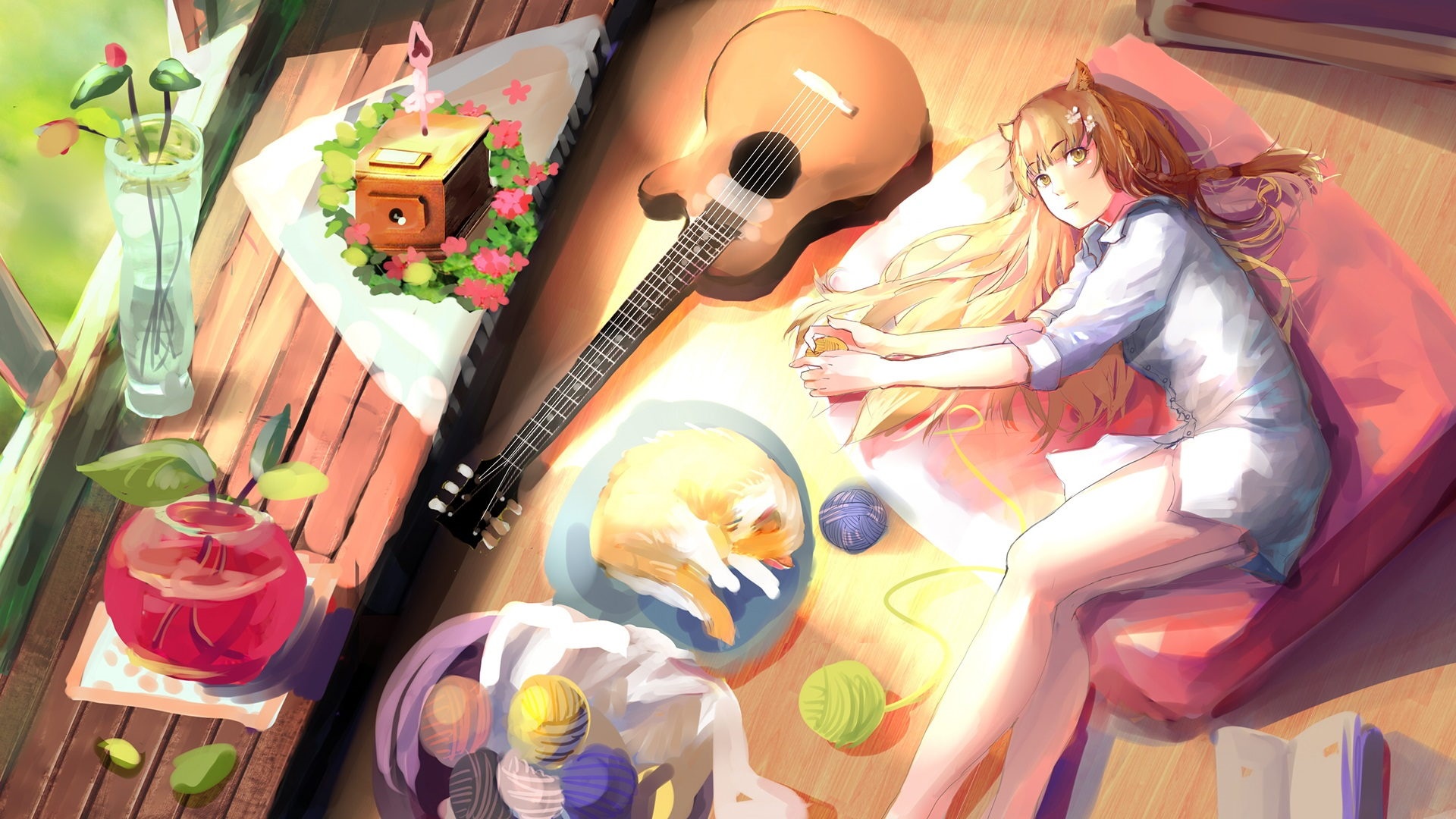 Anime girl with cat and guitar on a balcony HD Wallpaper