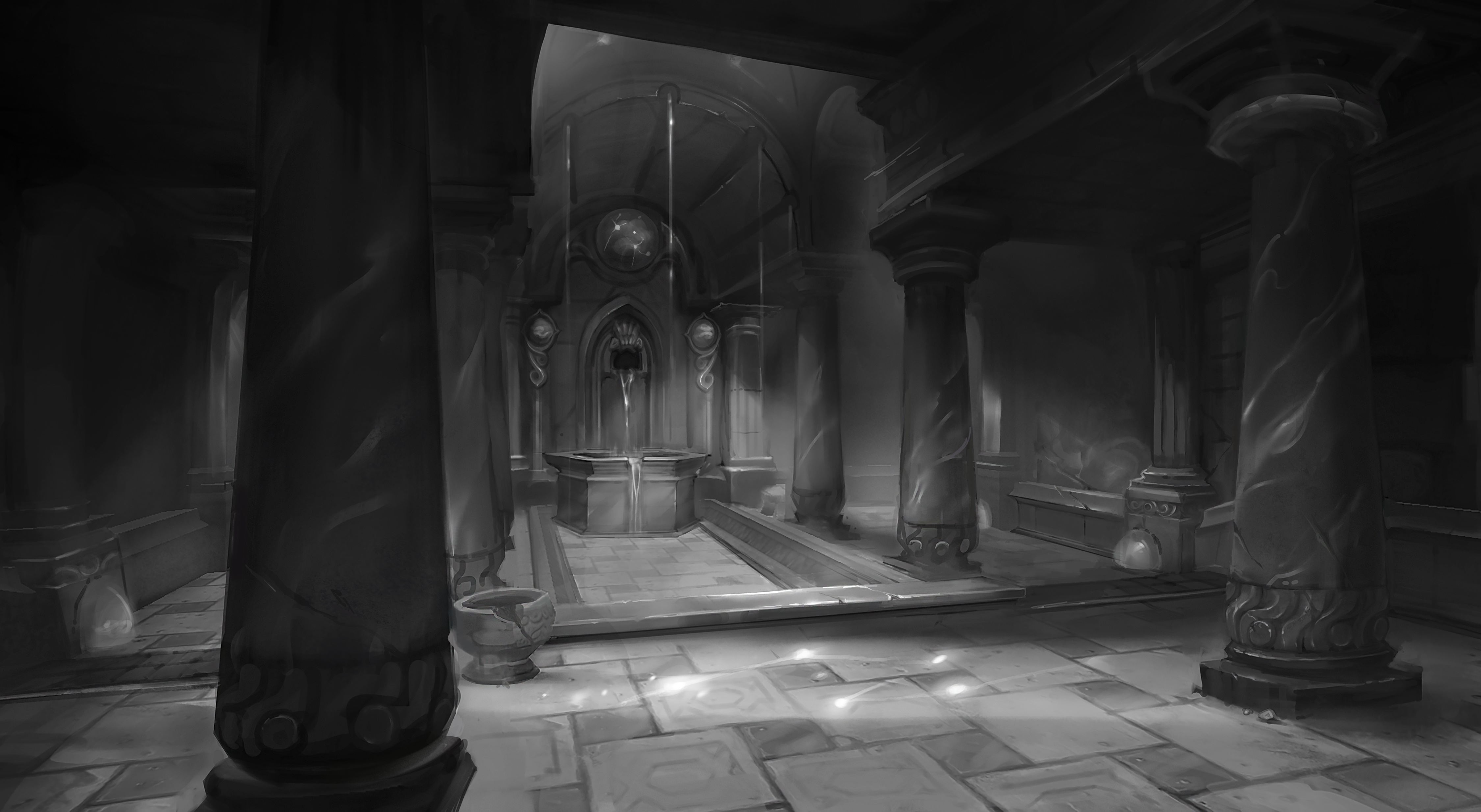 World of Warcraft: Dragonflight interior with fountain HD Wallpaper