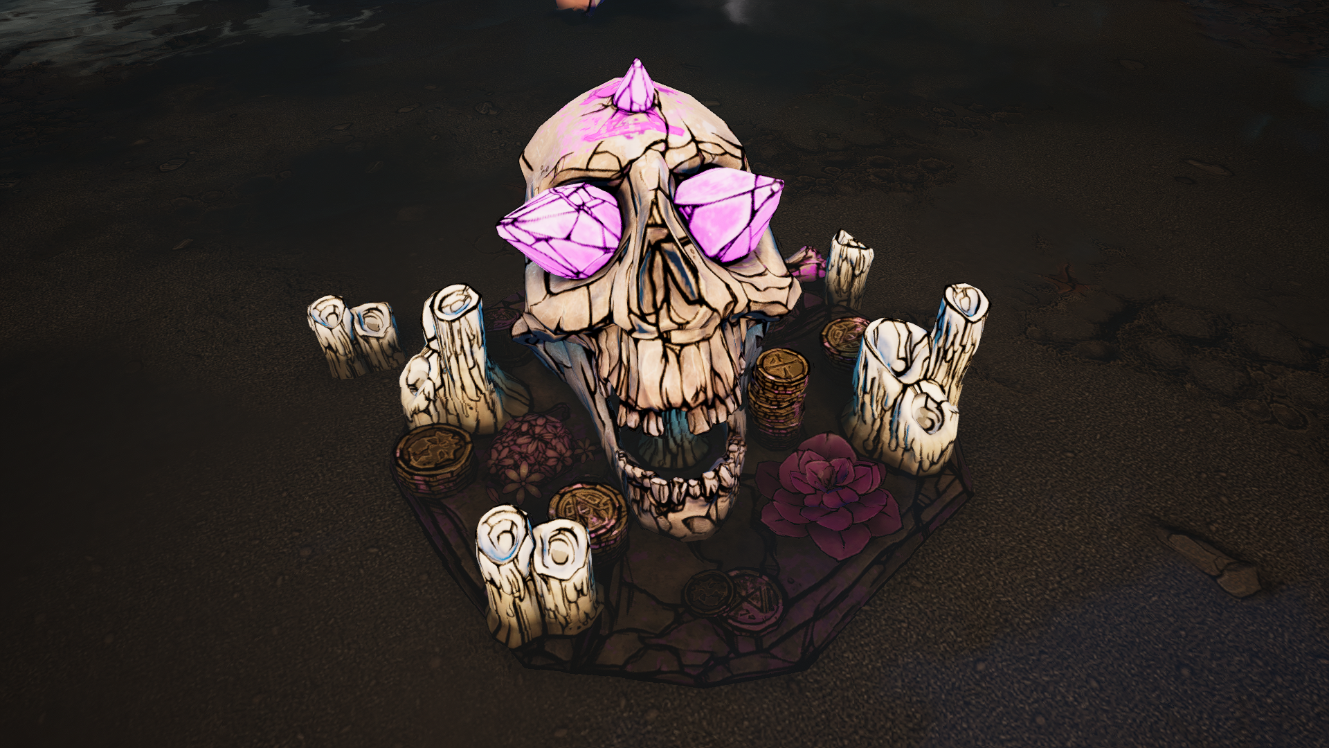 Skull with pink crystals and offerings in Tiny Tina's Wonderlands HD Wallpaper