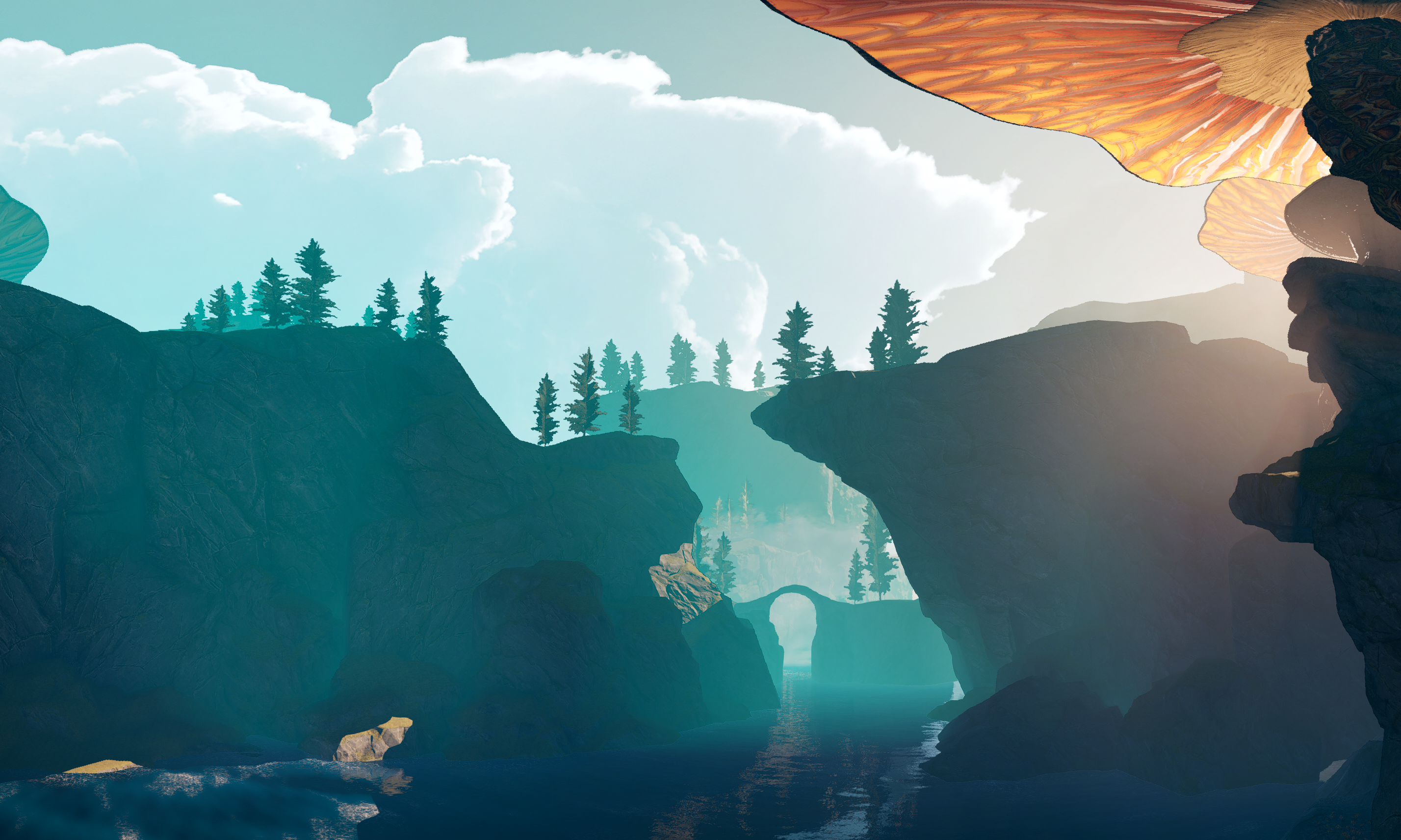 Fantasy landscape with giant mushrooms and rocky cliffs HD Wallpaper