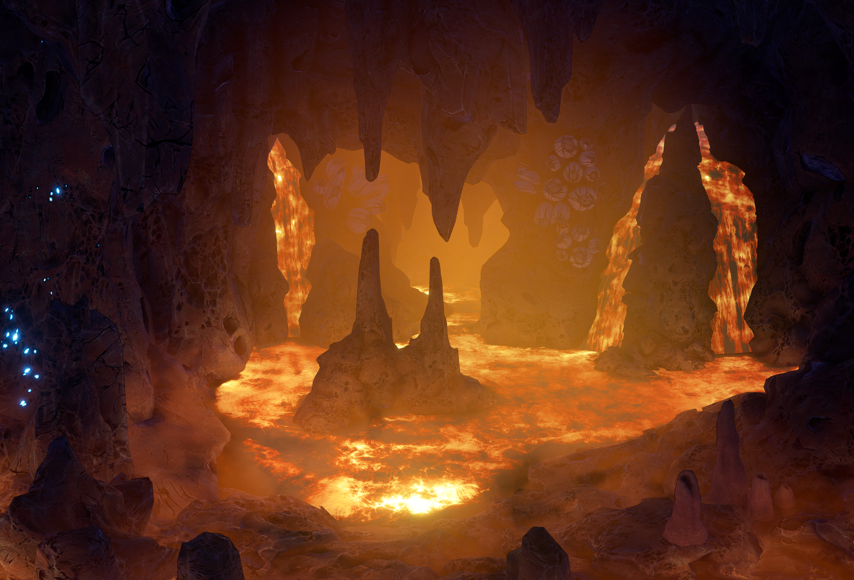 Cave with lava and stalagmites HD Wallpaper
