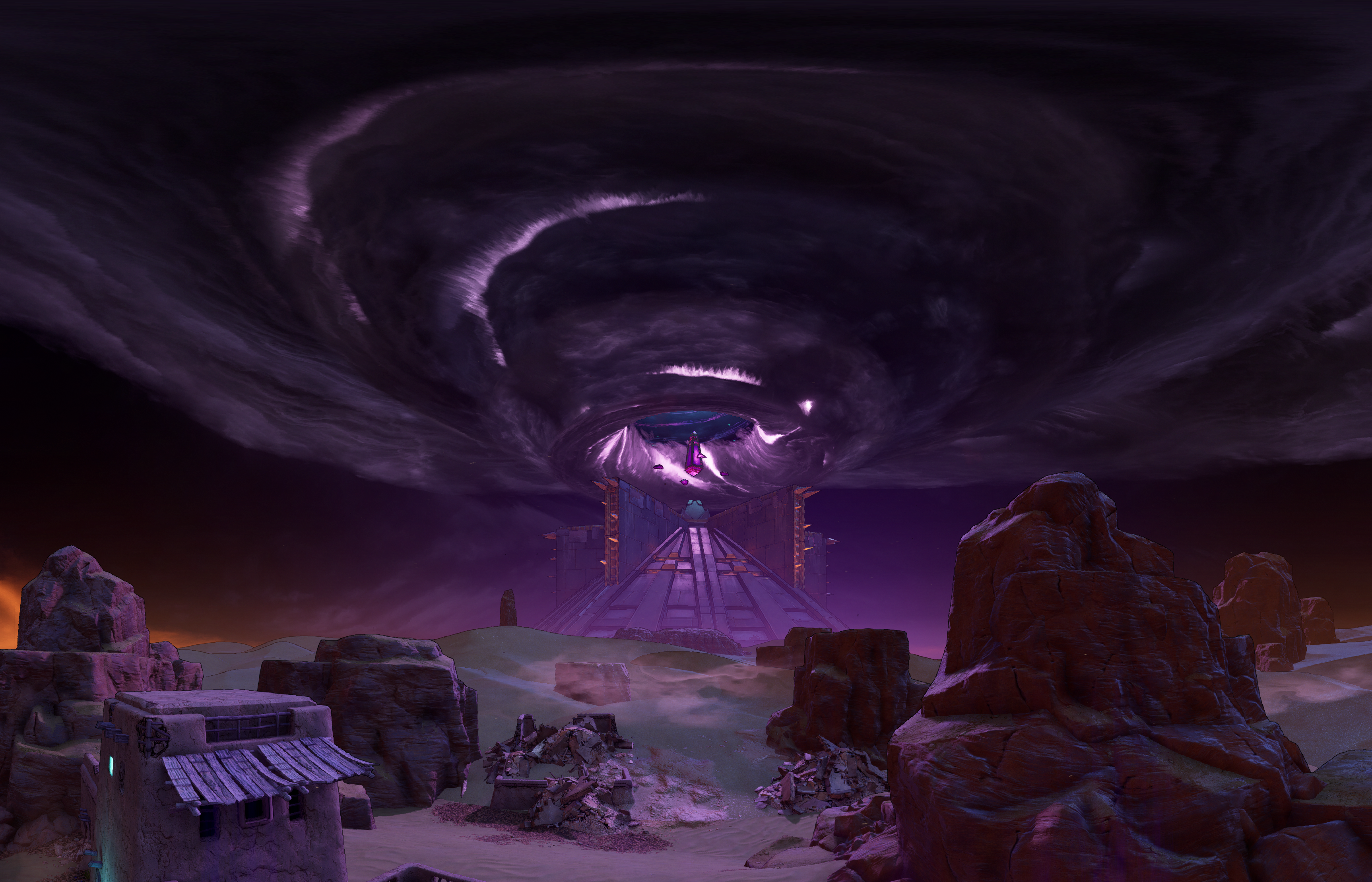 A swirling purple storm over a desert landscape with ancient ruins. HD Wallpaper