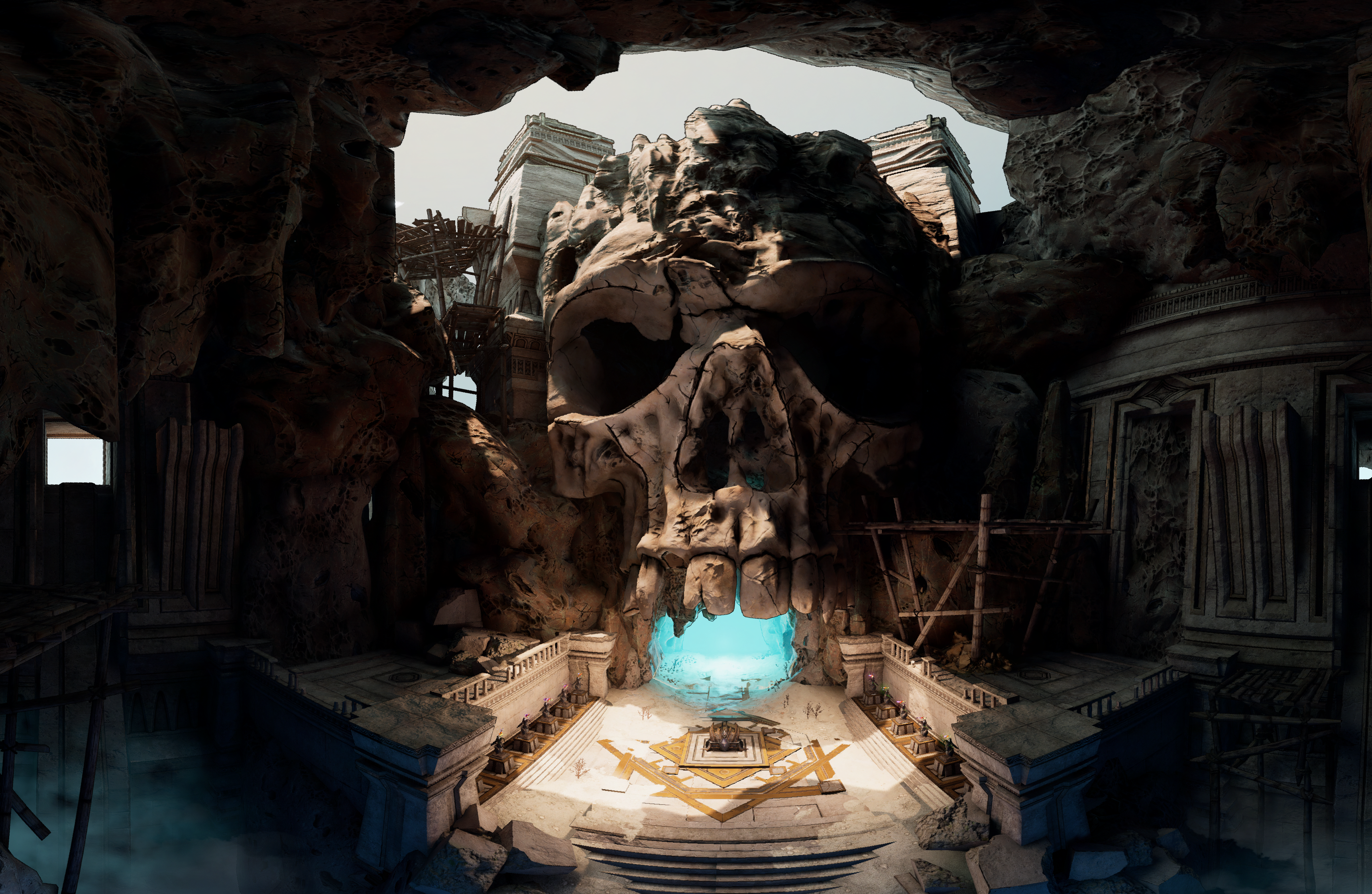 Skull cave entrance with ancient ruins in Tiny Tina's Wonderlands HD Wallpaper