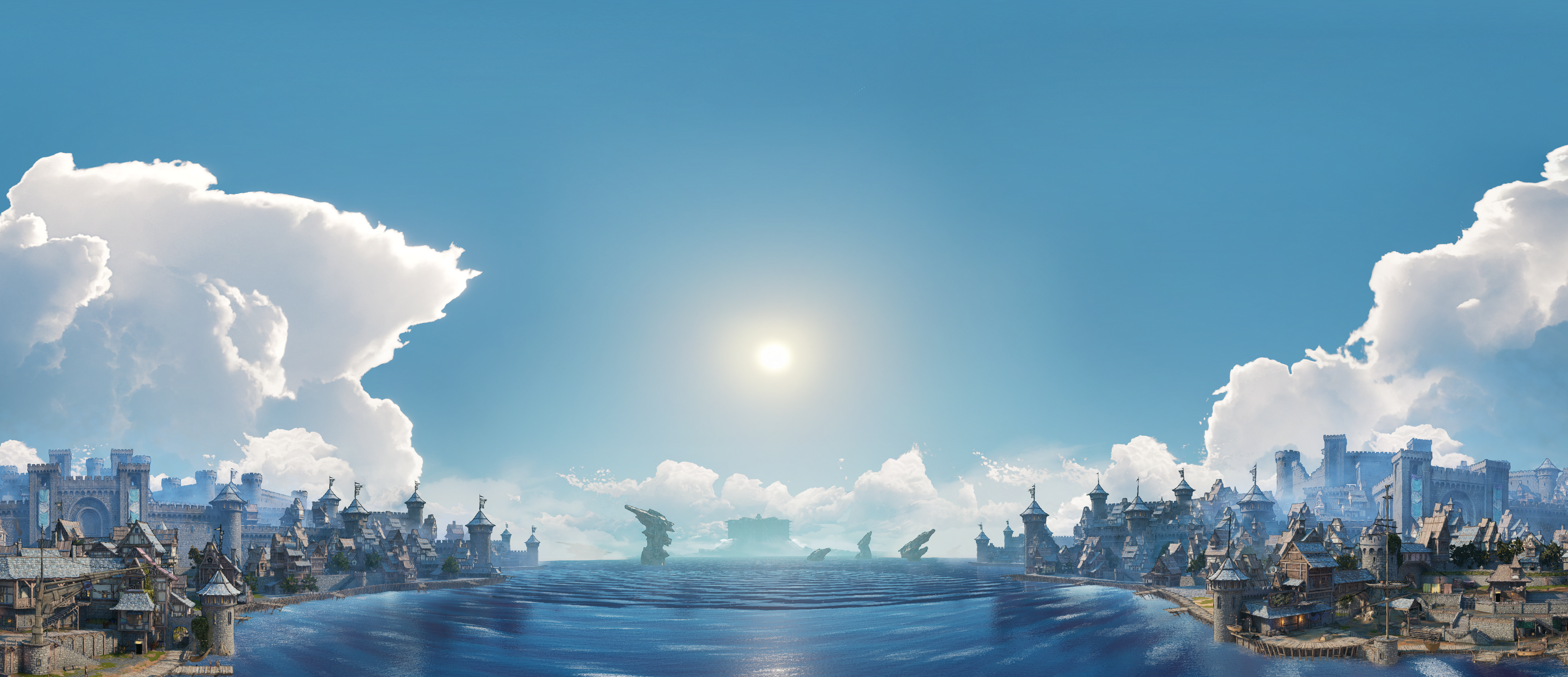 Fantasy Cityscape with Ocean and Clouds 4K HD Wallpaper