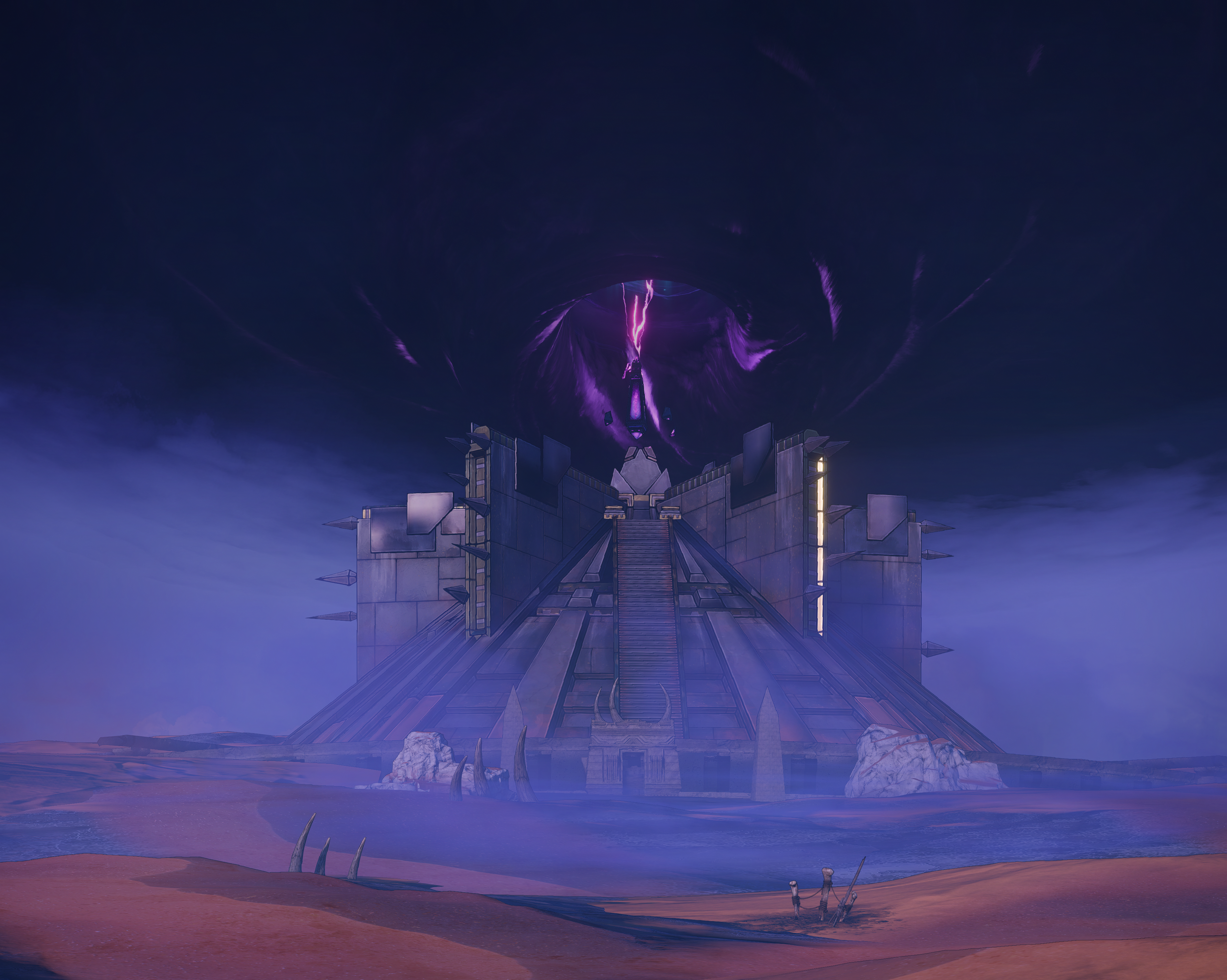 Pyramid structure with purple vortex in Tiny Tina's Wonderlands HD Wallpaper