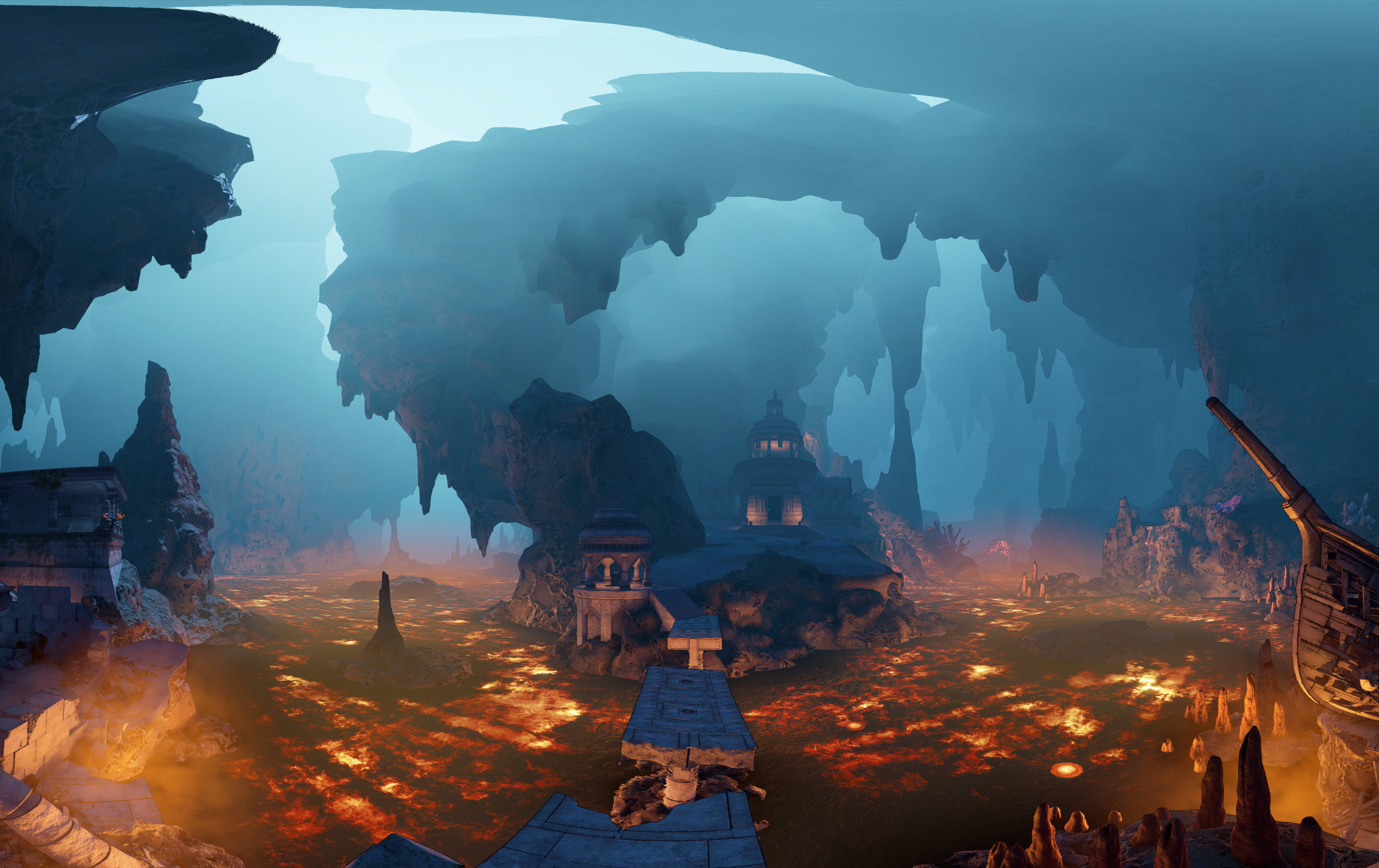 Fantasy cave with lava and ancient structures 4K HD Wallpaper