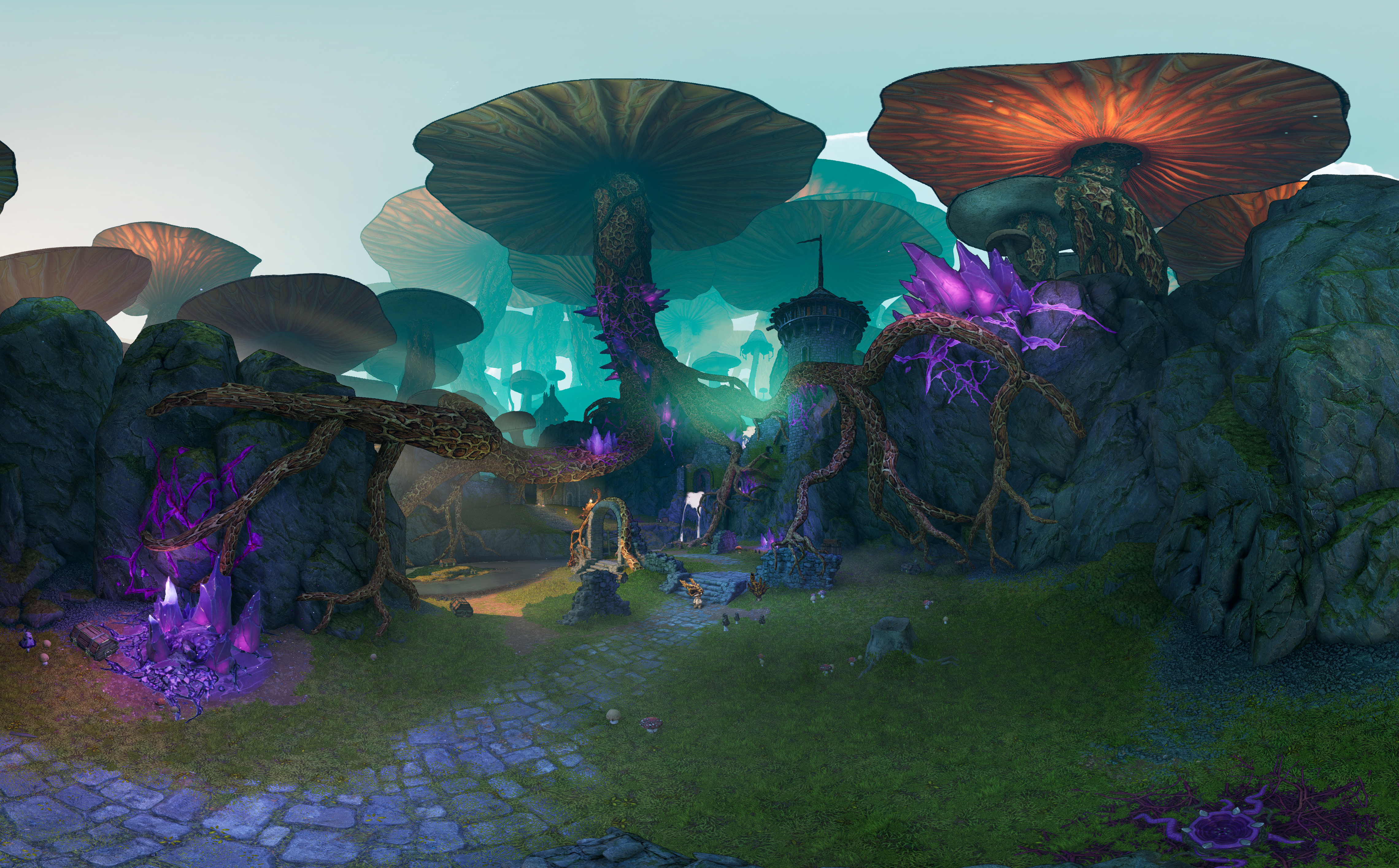 Fantasy mushroom forest with crystals and tower HD Wallpaper