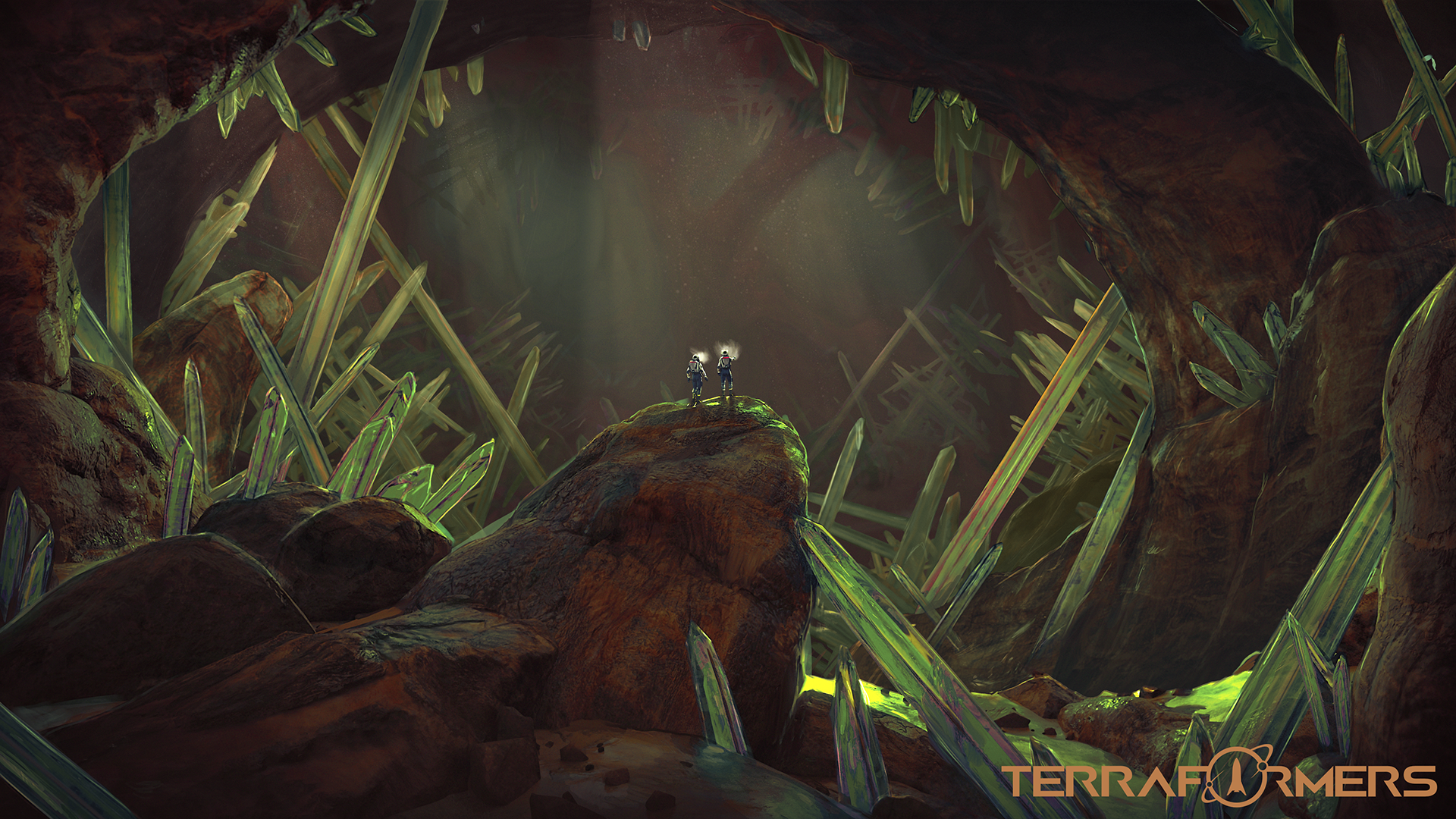 Two explorers in a cave filled with giant crystals HD Wallpaper