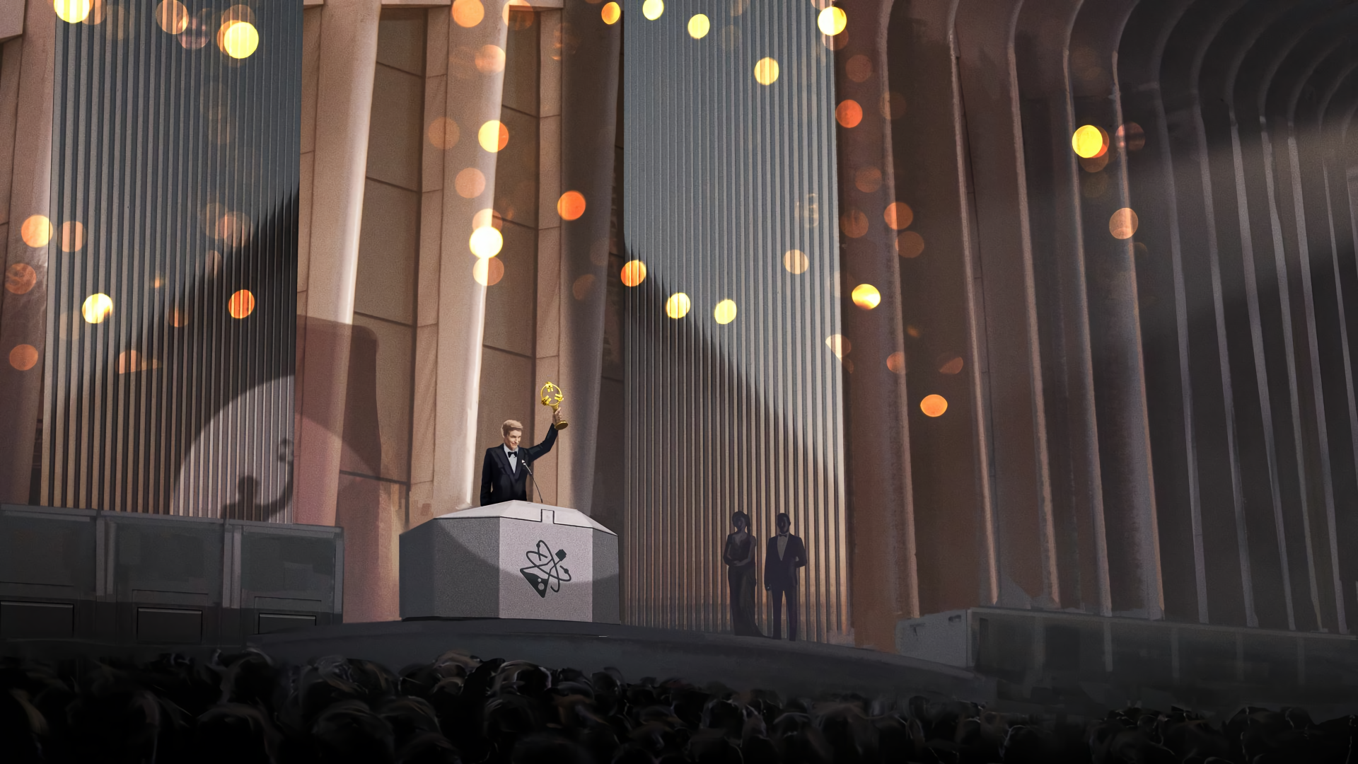 Man holding award on stage with audience HD Wallpaper