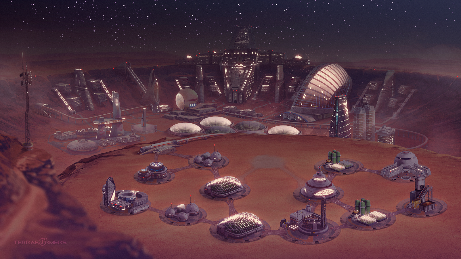 Terraformers colony on Mars at night HD Wallpaper
