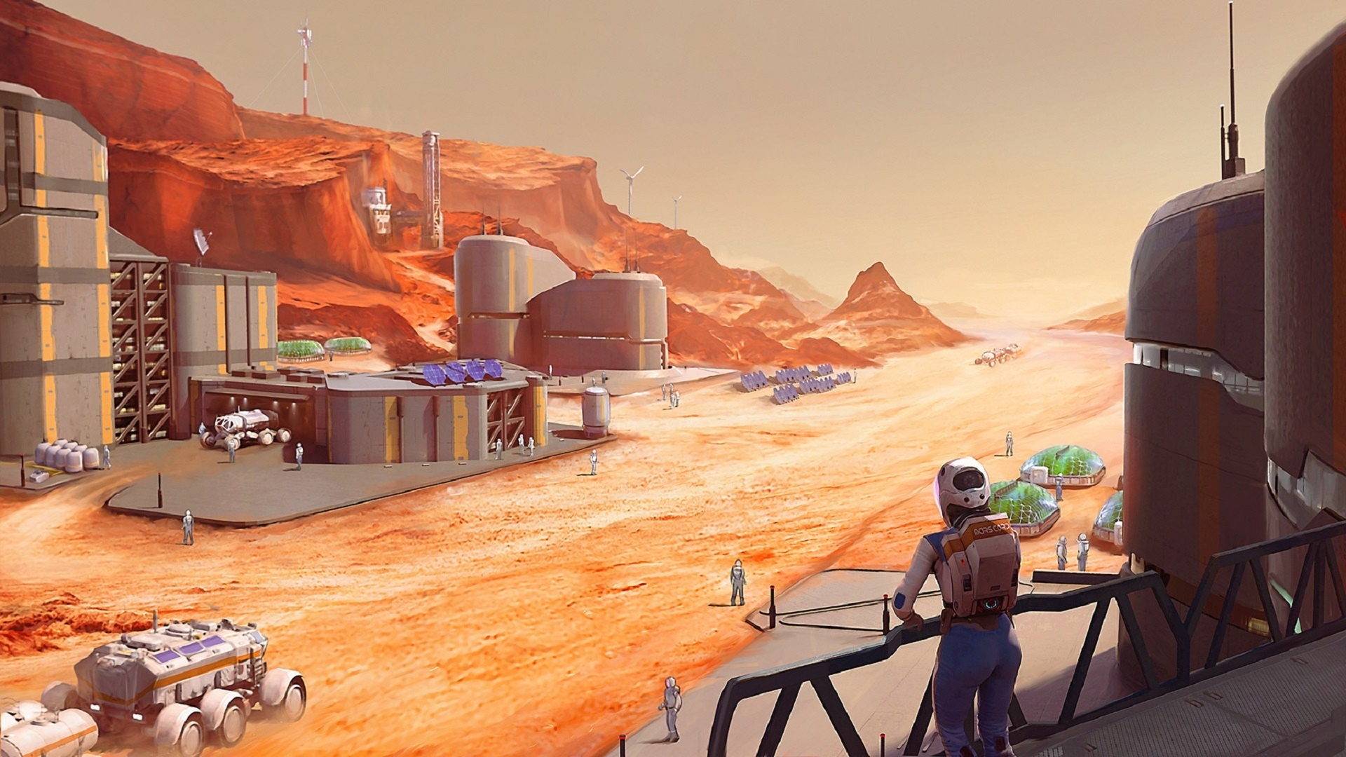 Mars colony with astronauts and rovers HD Wallpaper