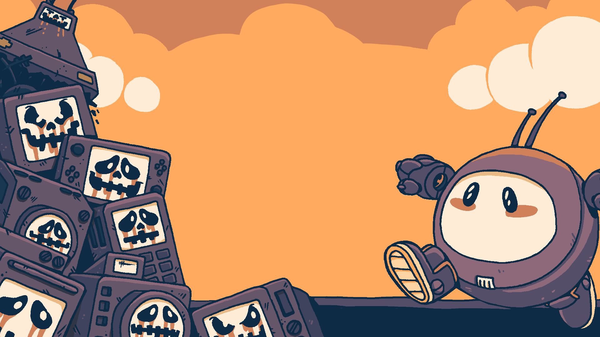 Robot running from pile of broken game consoles HD Wallpaper