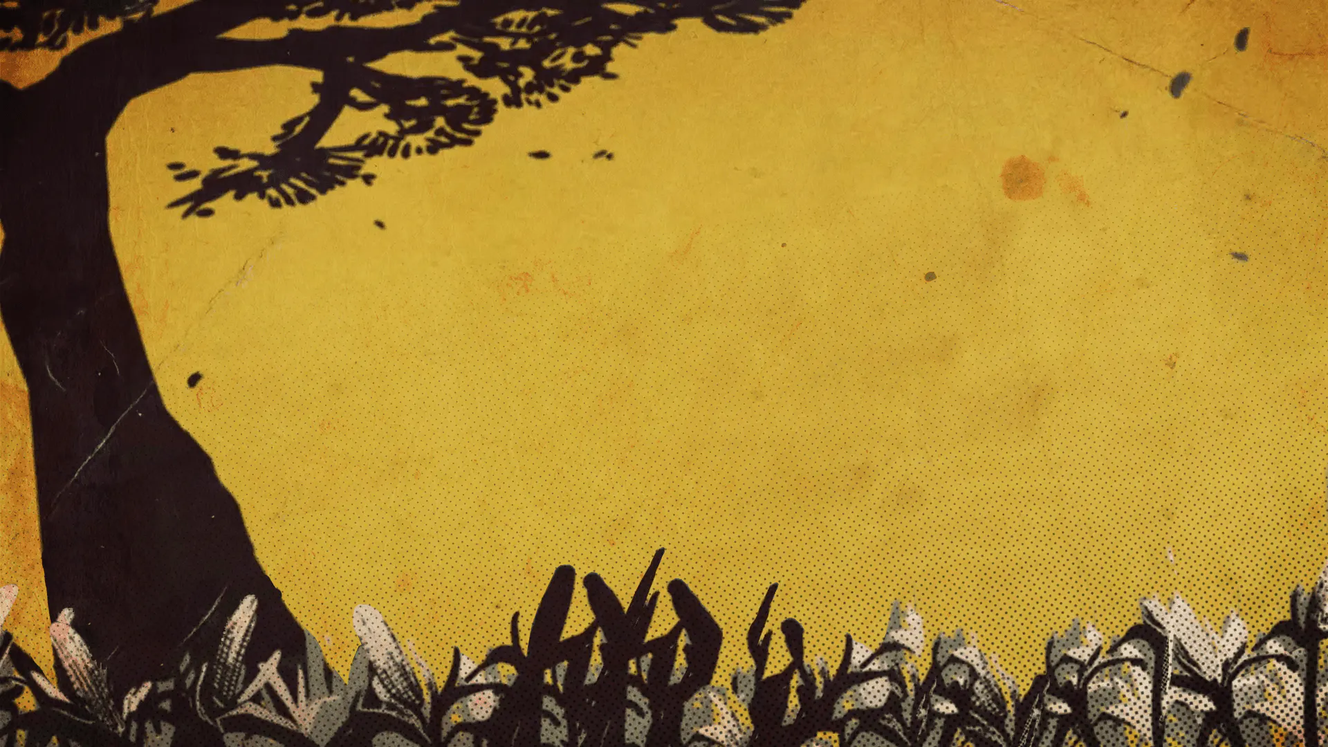 Silhouette of a tree and cornfield against a yellow background HD Wallpaper