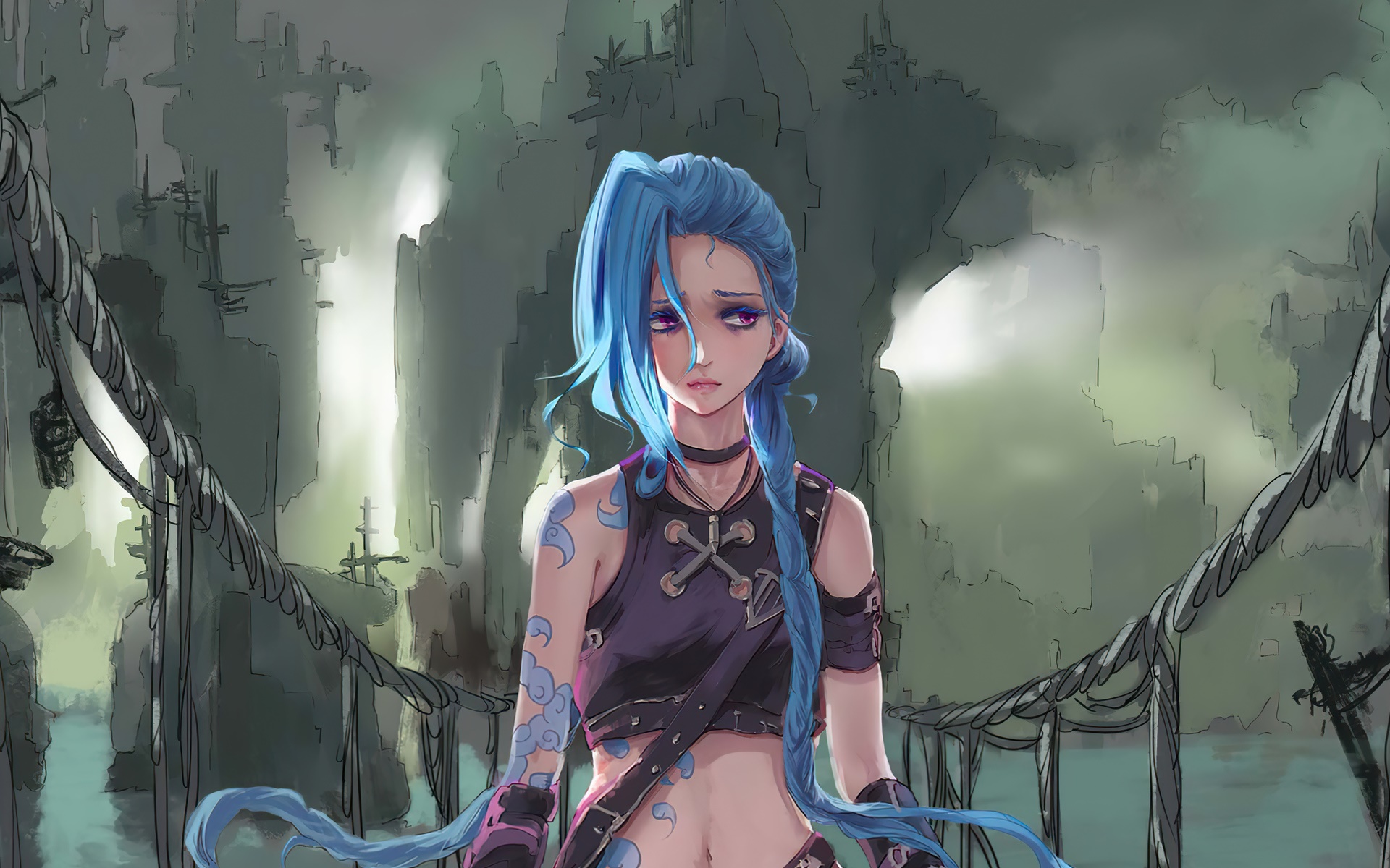 Jinx from League of Legends in a desolate environment HD Wallpaper