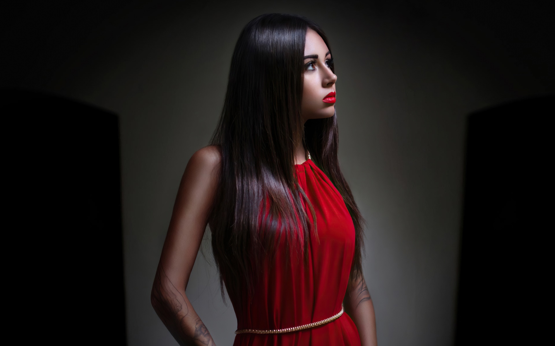 Woman with long black hair in a red dress HD Wallpaper