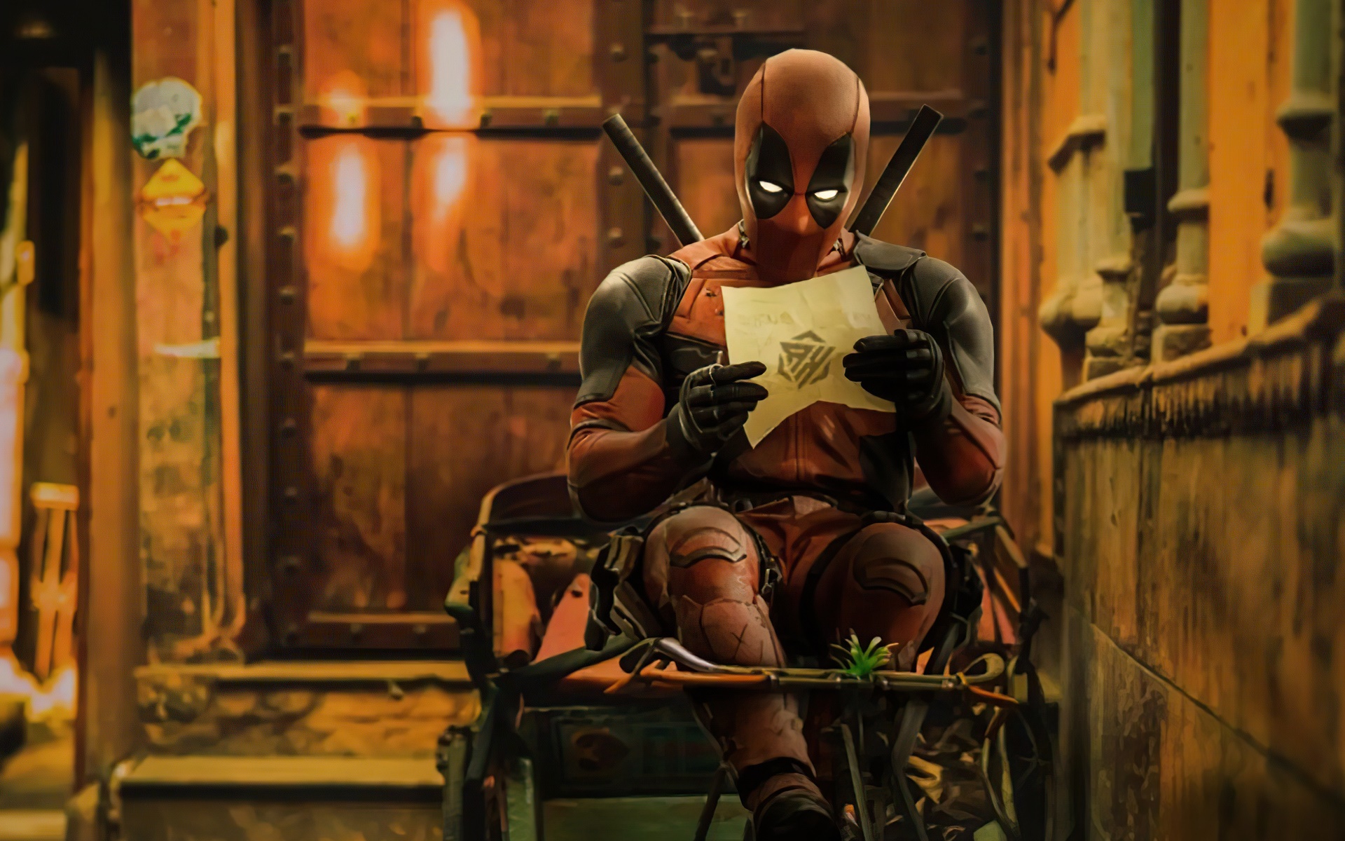 Deadpool sitting and reading a letter HD Wallpaper