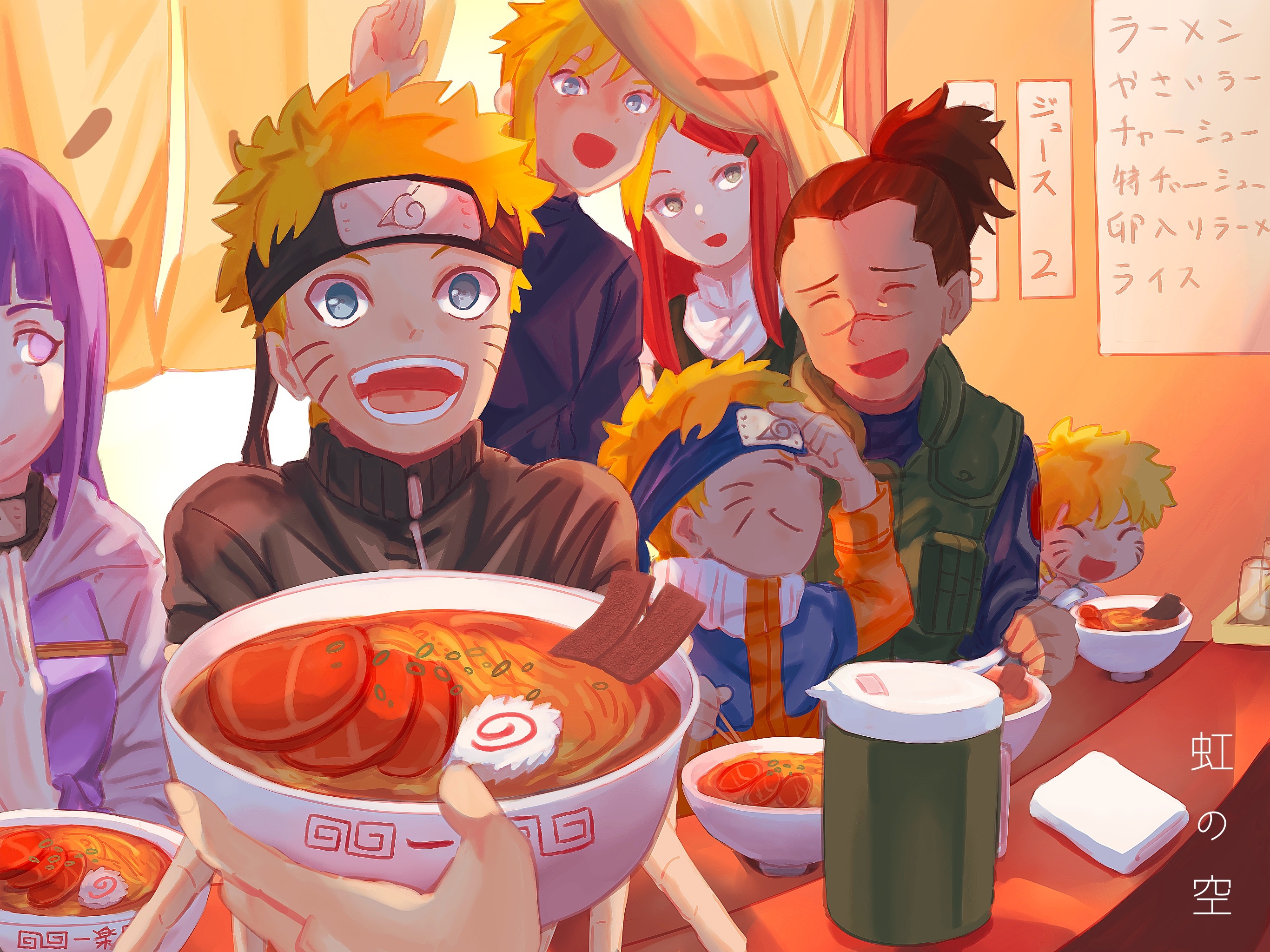 Naruto characters eating ramen at Ichiraku HD Wallpaper