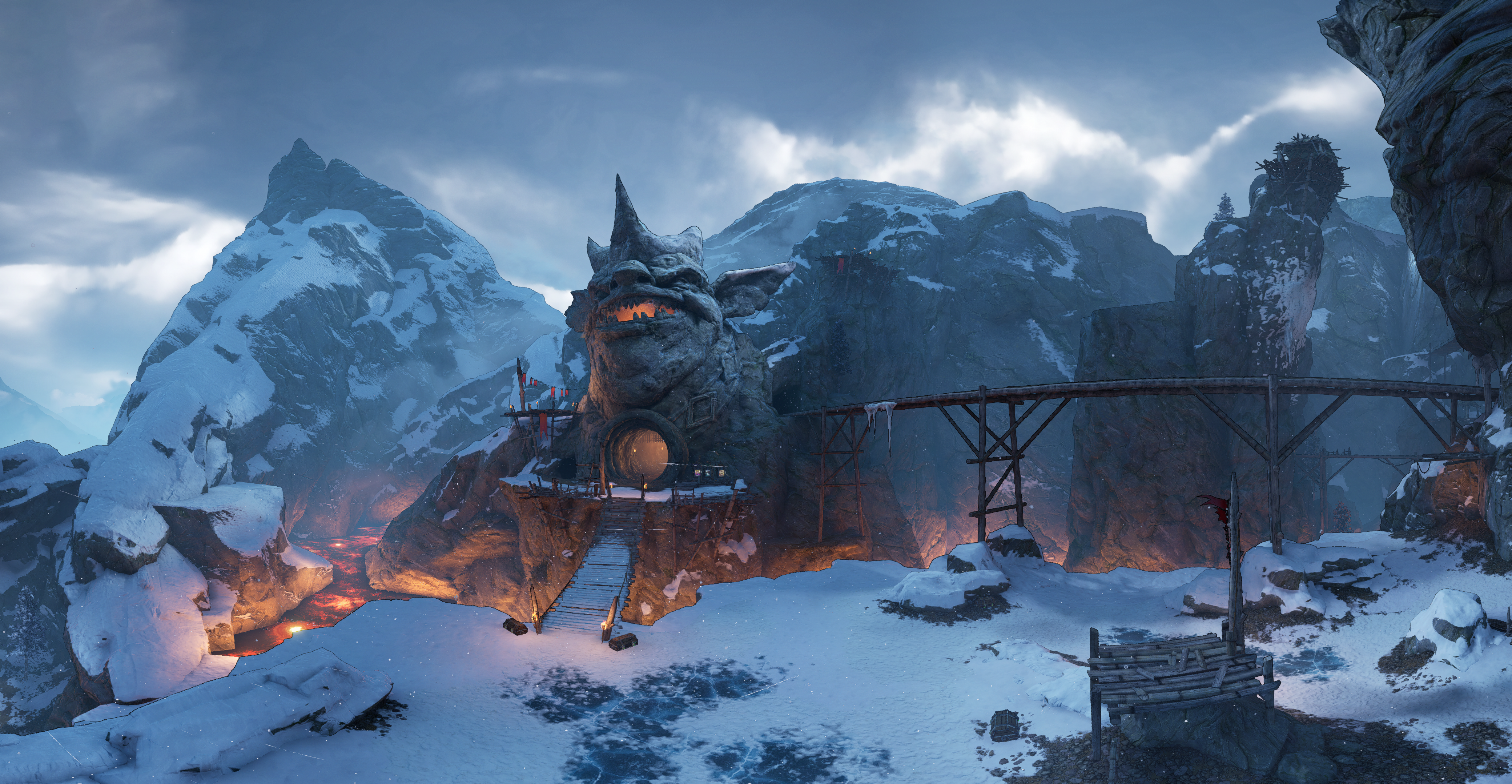 A snowy mountain pass with a troll-like entrance HD Wallpaper