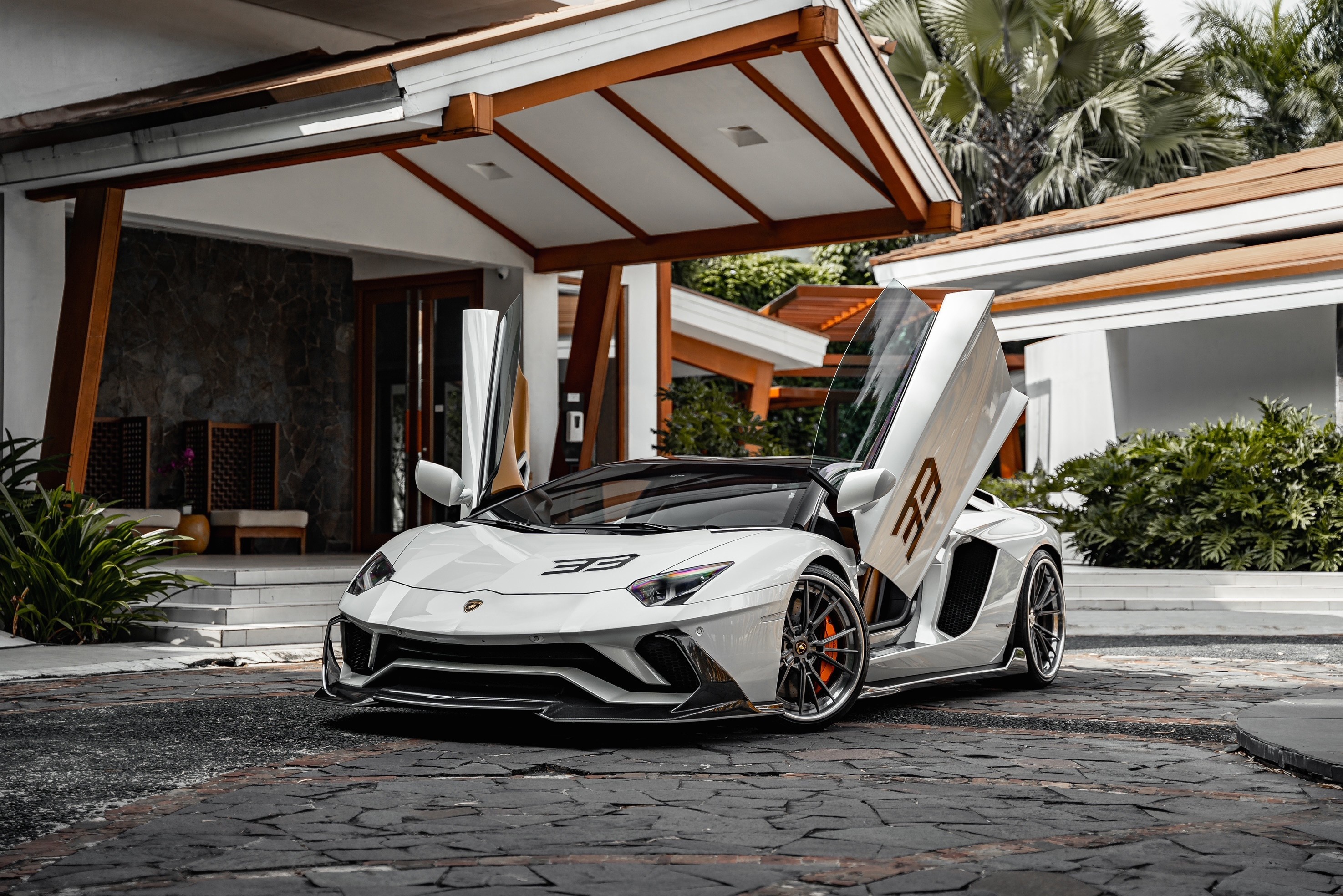 White Lamborghini Aventador with butterfly doors HD Wallpaper