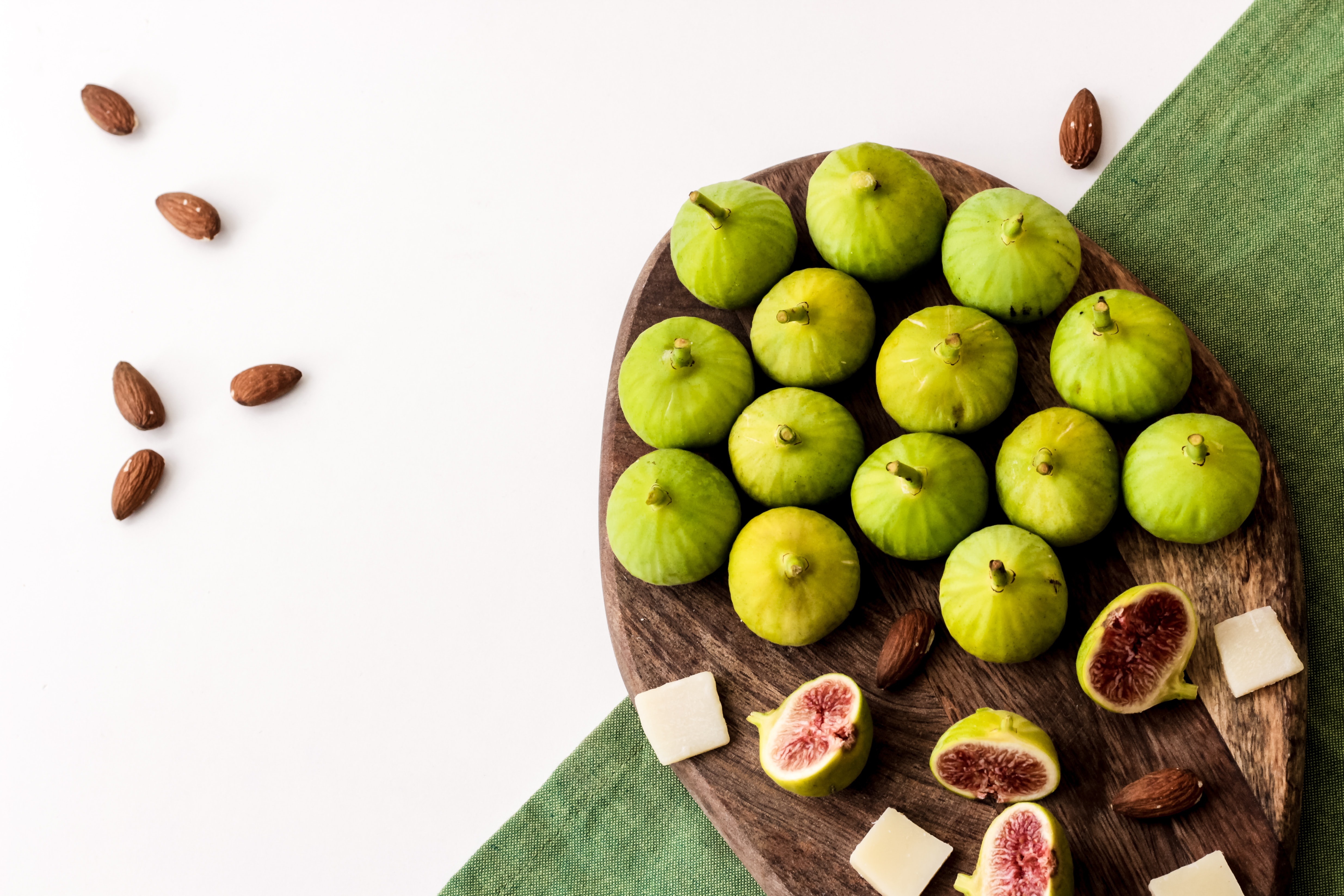 Green Figs and Almonds on Wooden Board HD Wallpaper