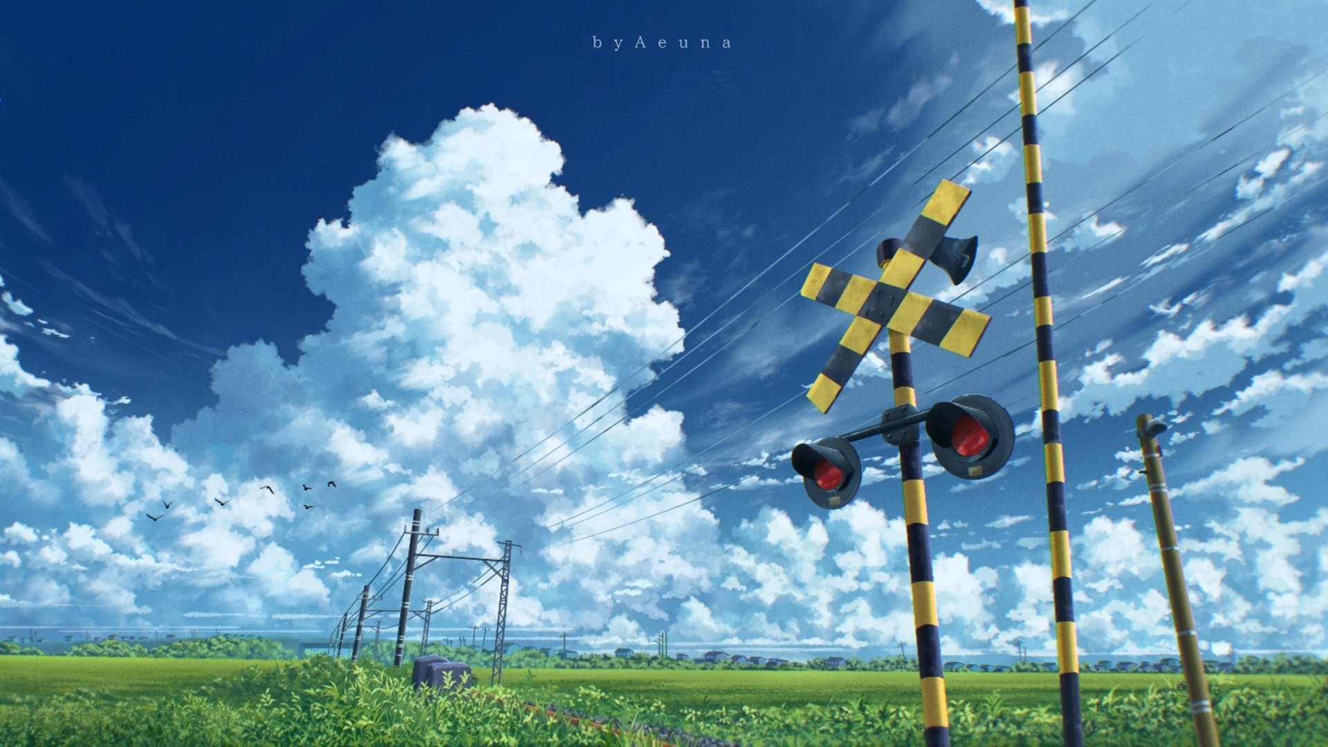 Anime landscape with railroad crossing and clouds HD Wallpaper