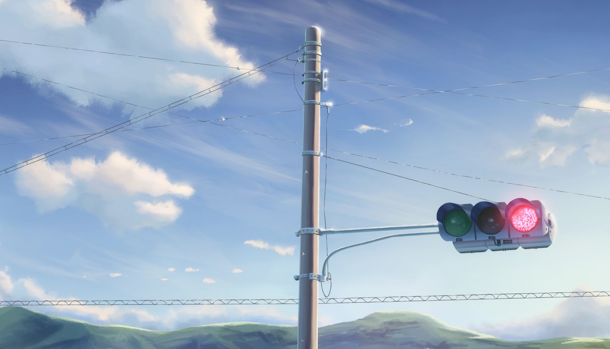 Traffic light on a pole against a blue sky HD Wallpaper