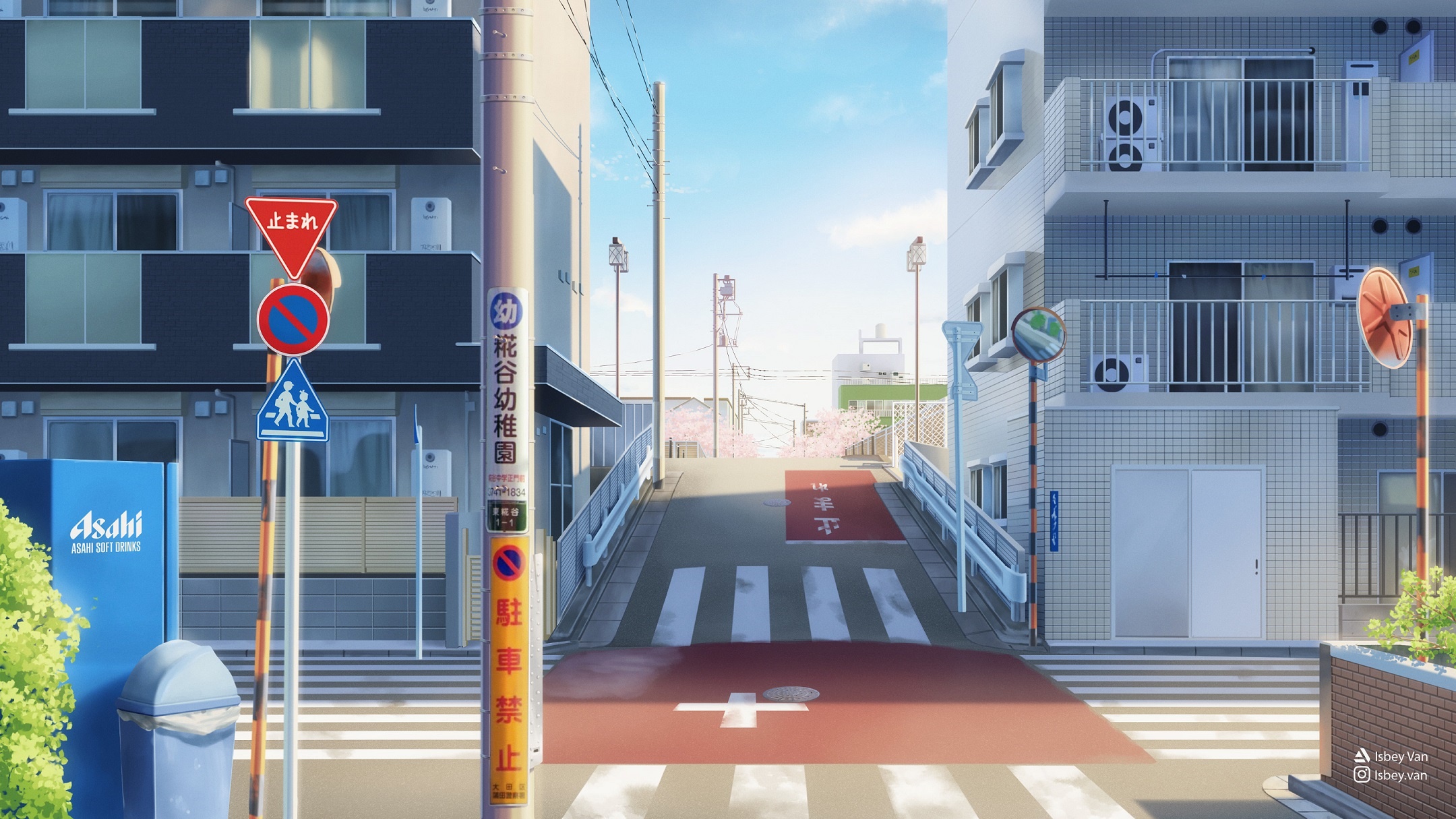 Street scene with Japanese signs and buildings HD Wallpaper