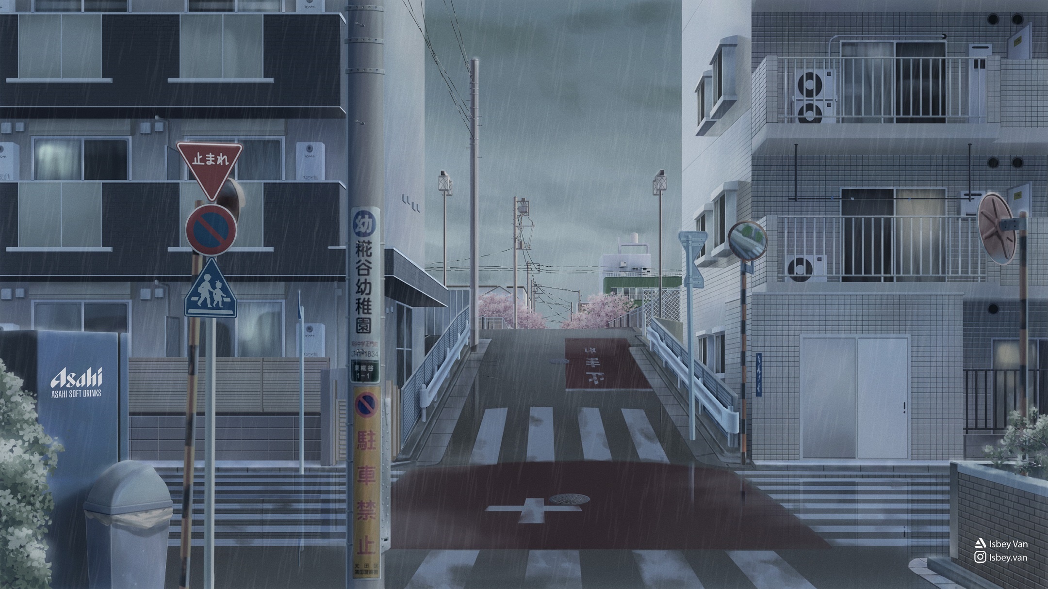 Rainy Street with Cherry Blossoms and Japanese Signs HD Wallpaper