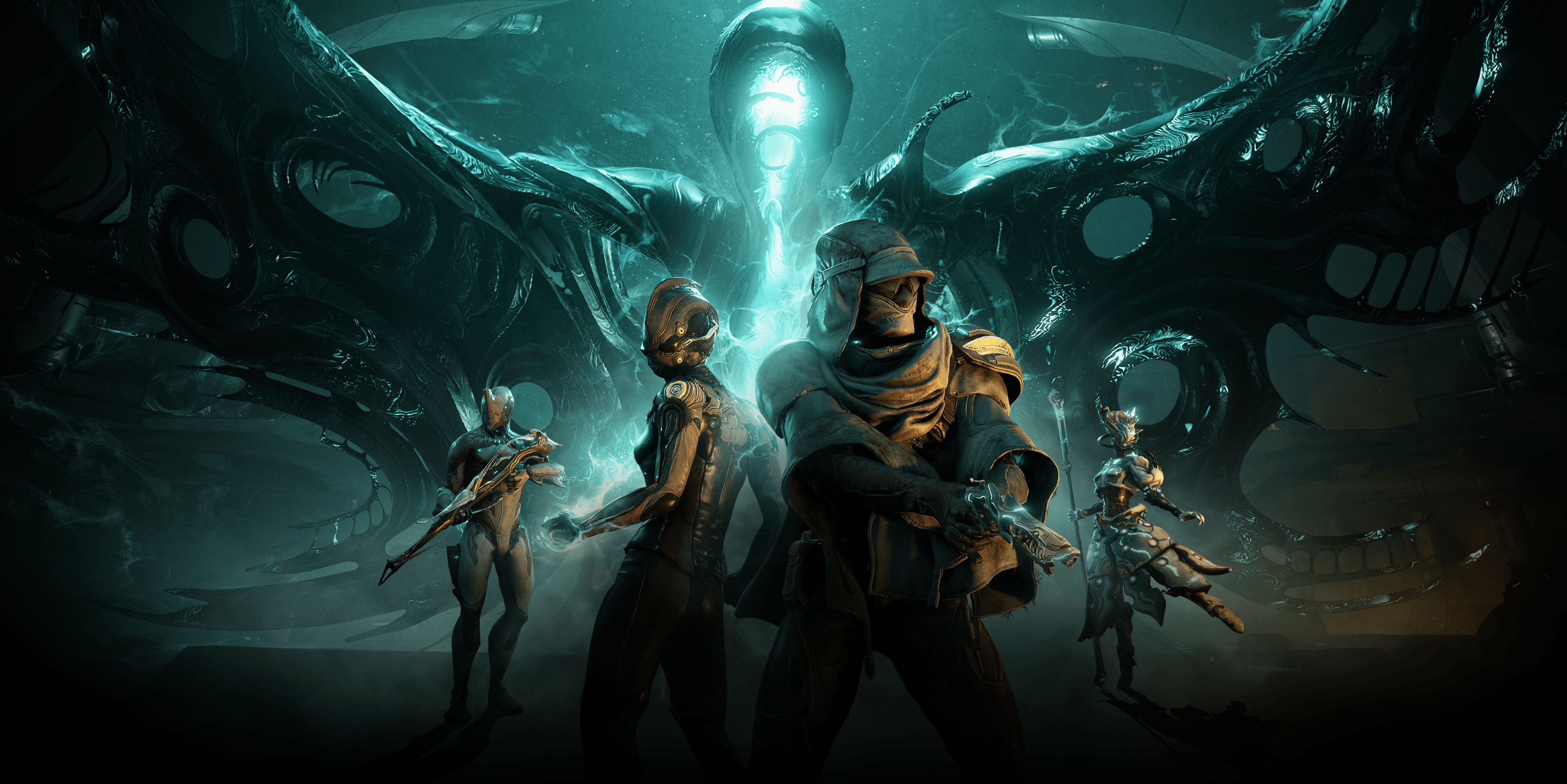 Warframe characters in a dark, futuristic environment HD Wallpaper