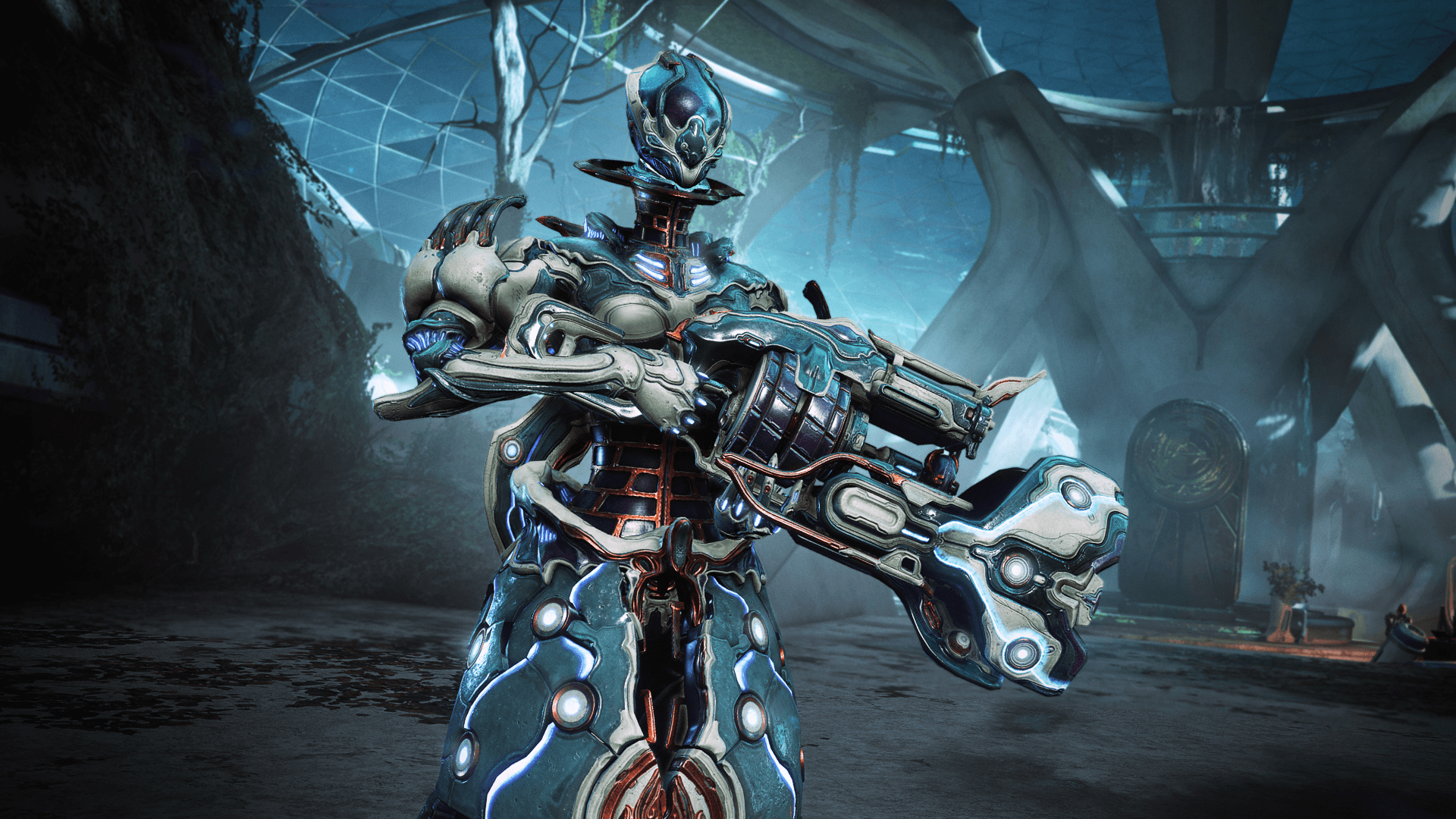Warframe character holding a large weapon HD Wallpaper